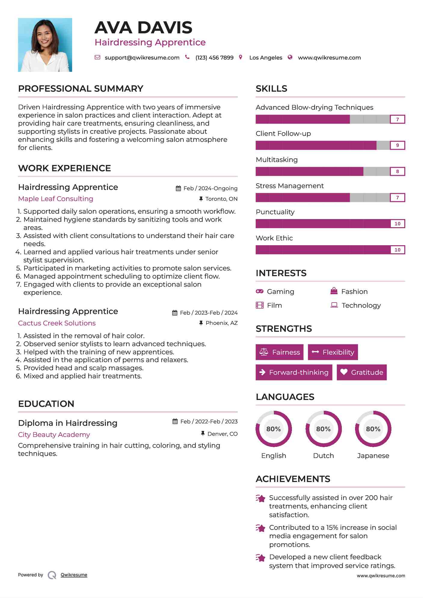 Hairdressing Apprentice Resume Sample