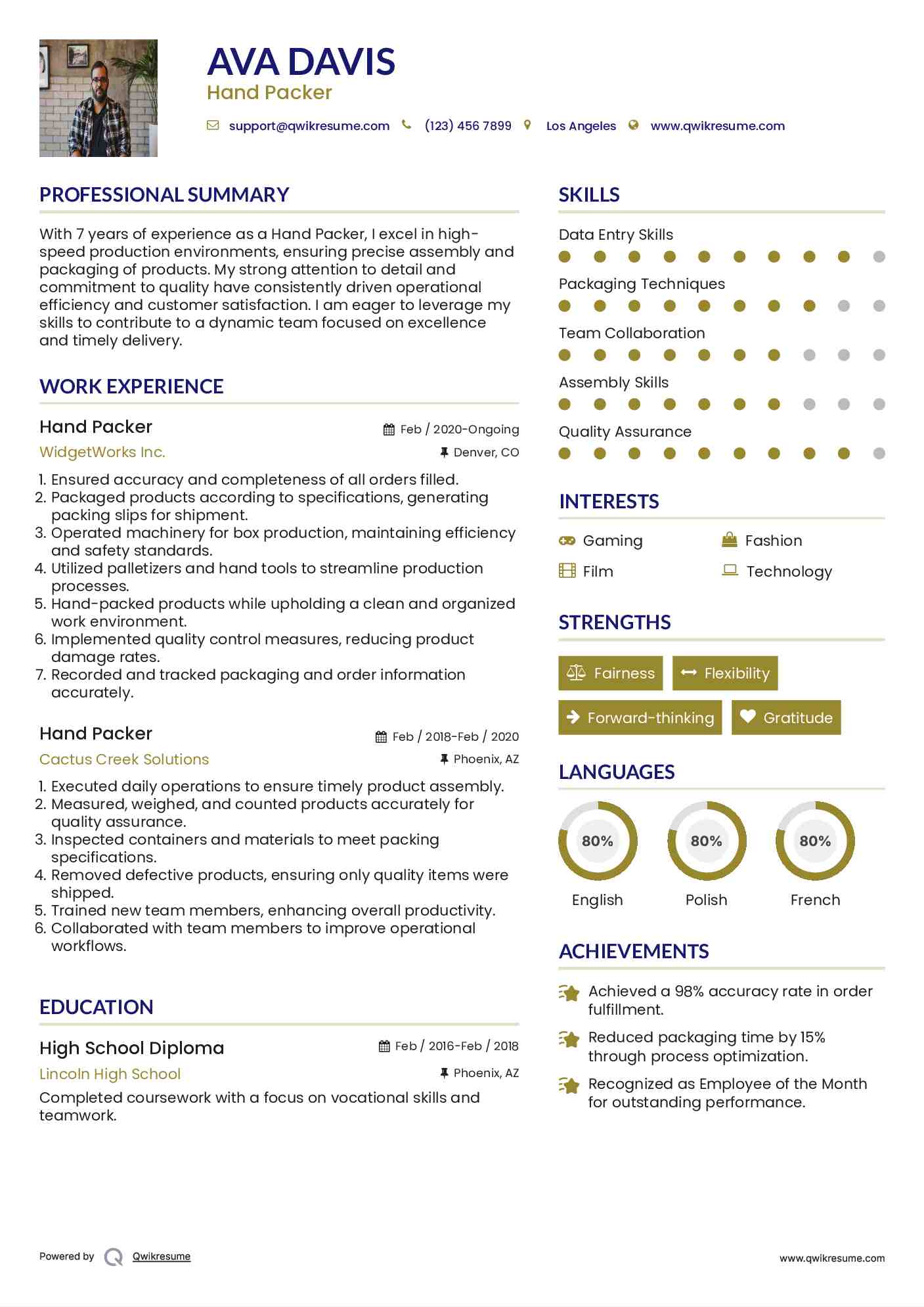 Hand Packer Resume Model