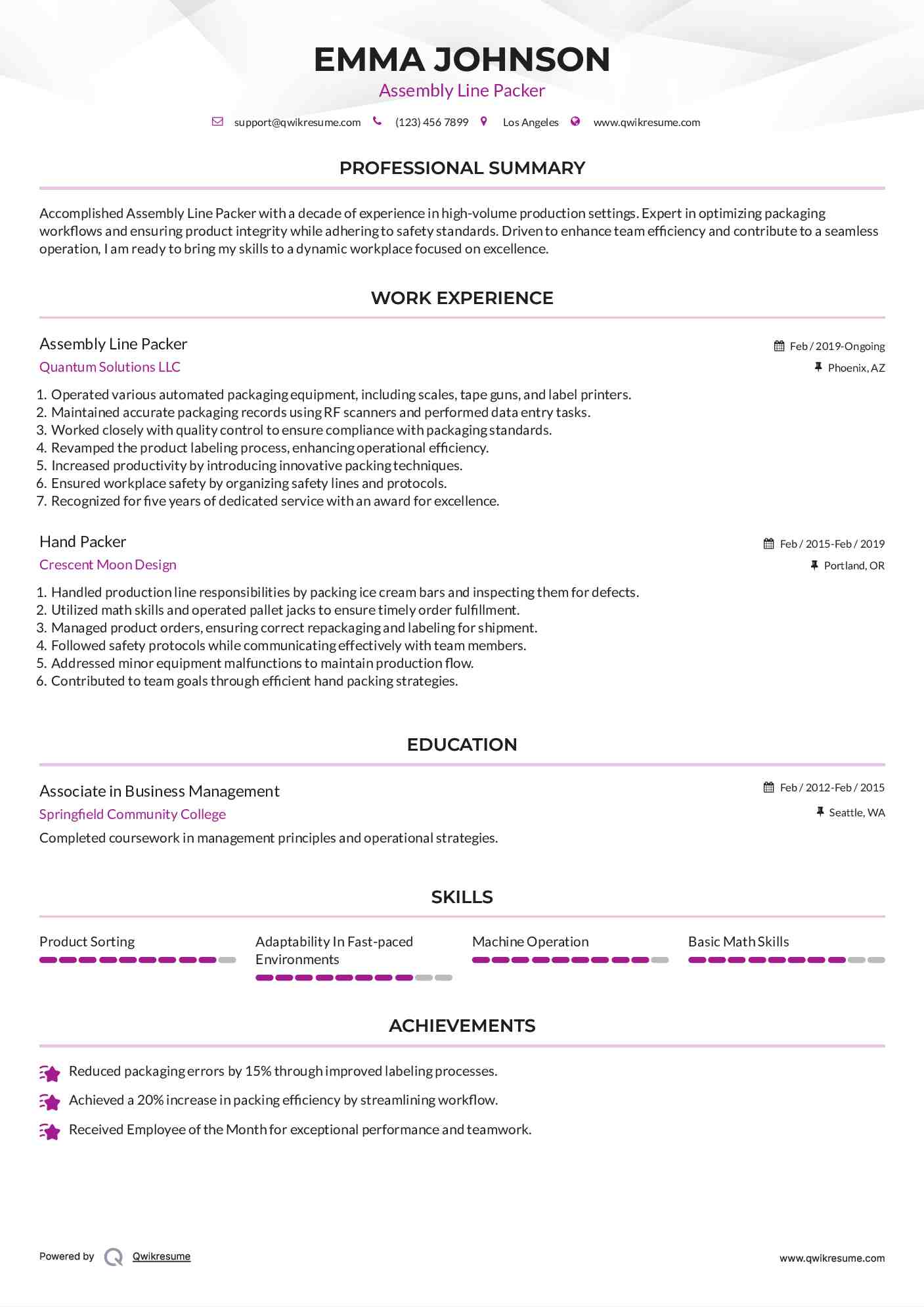 Assembly Line Packer Resume Sample