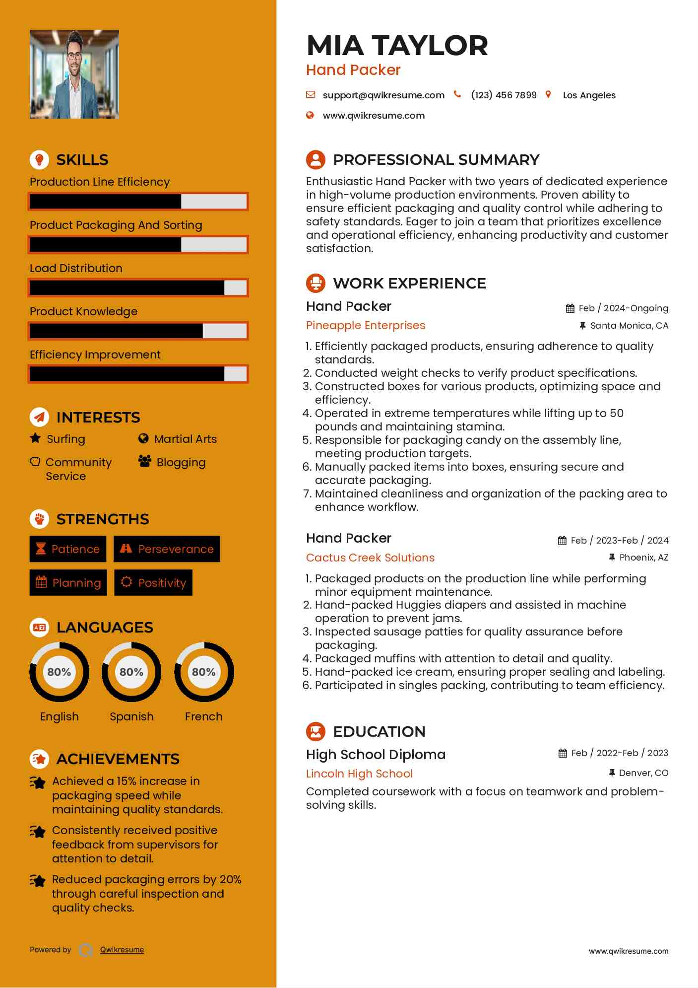 Hand Packer Resume Example