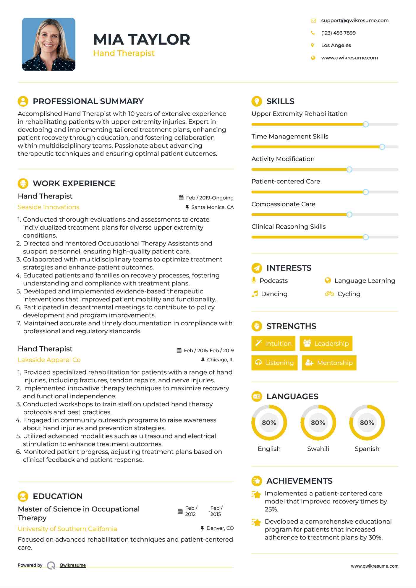 Hand Therapist Resume Model