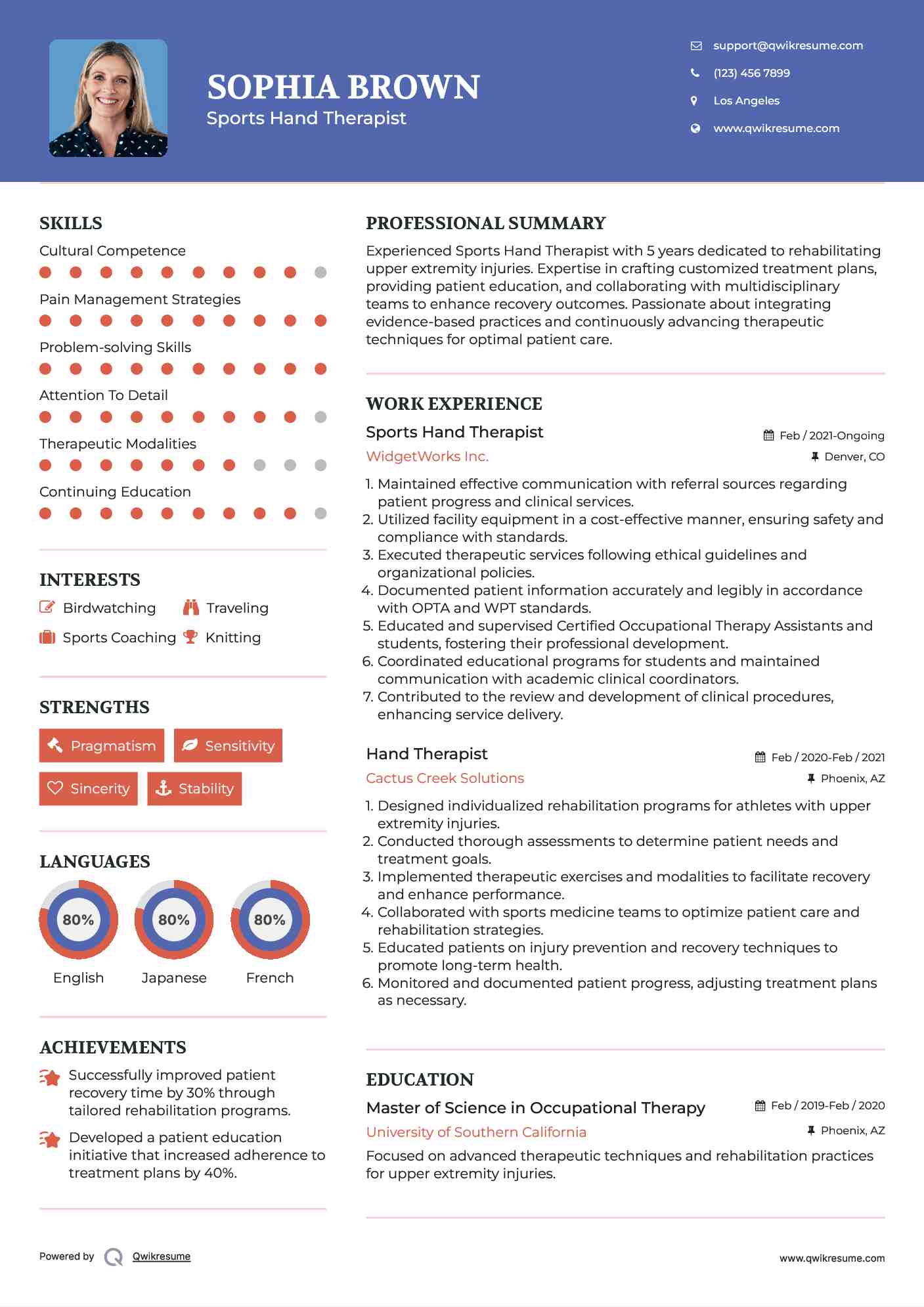 Sports Hand Therapist Resume Model