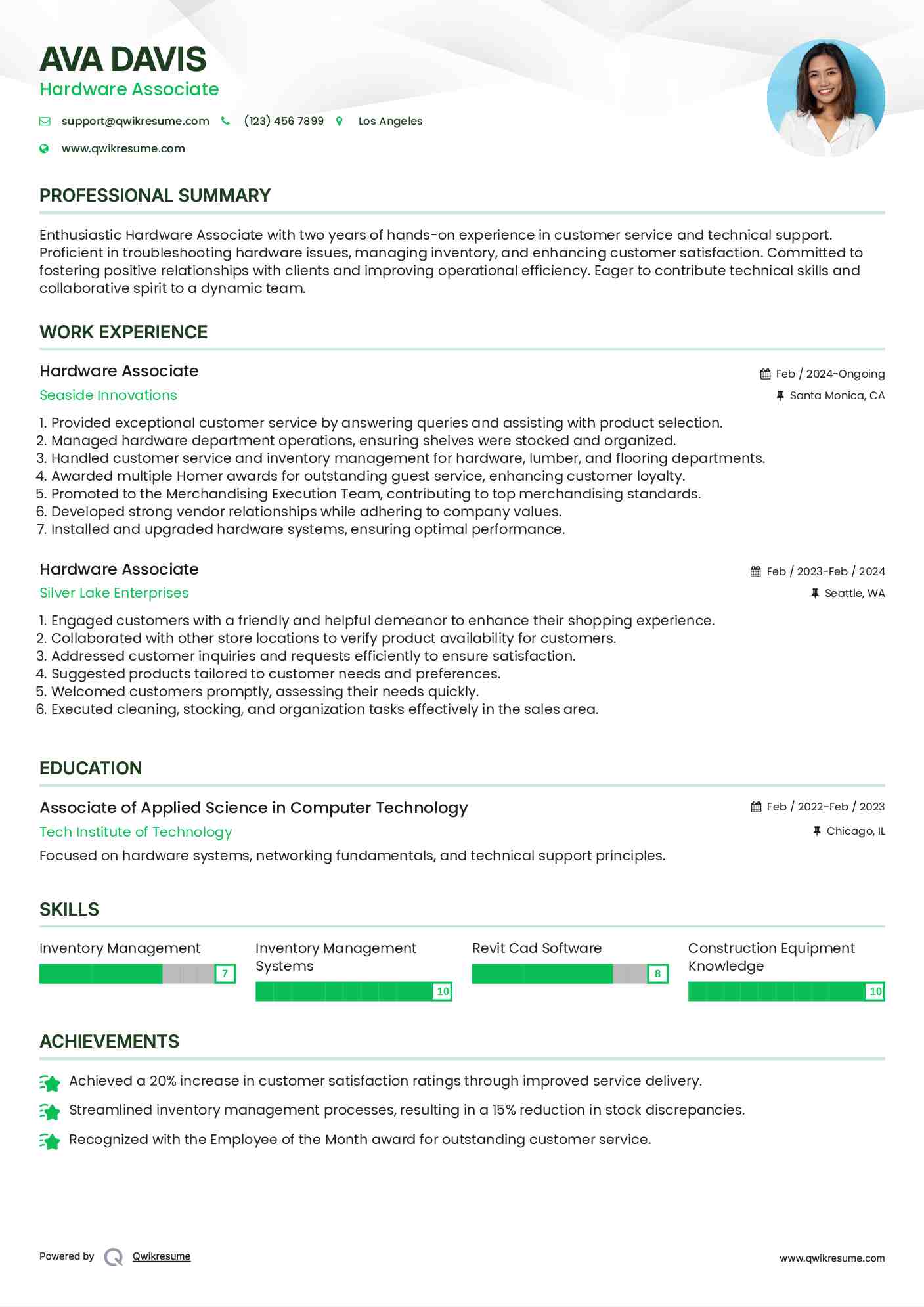 Hardware Associate Resume Sample