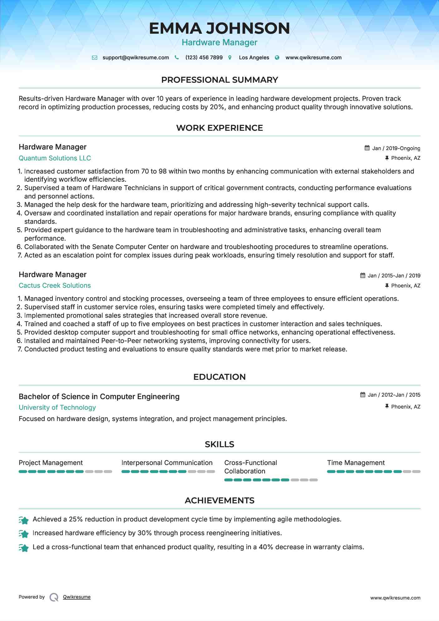 Hardware Manager Resume Template
