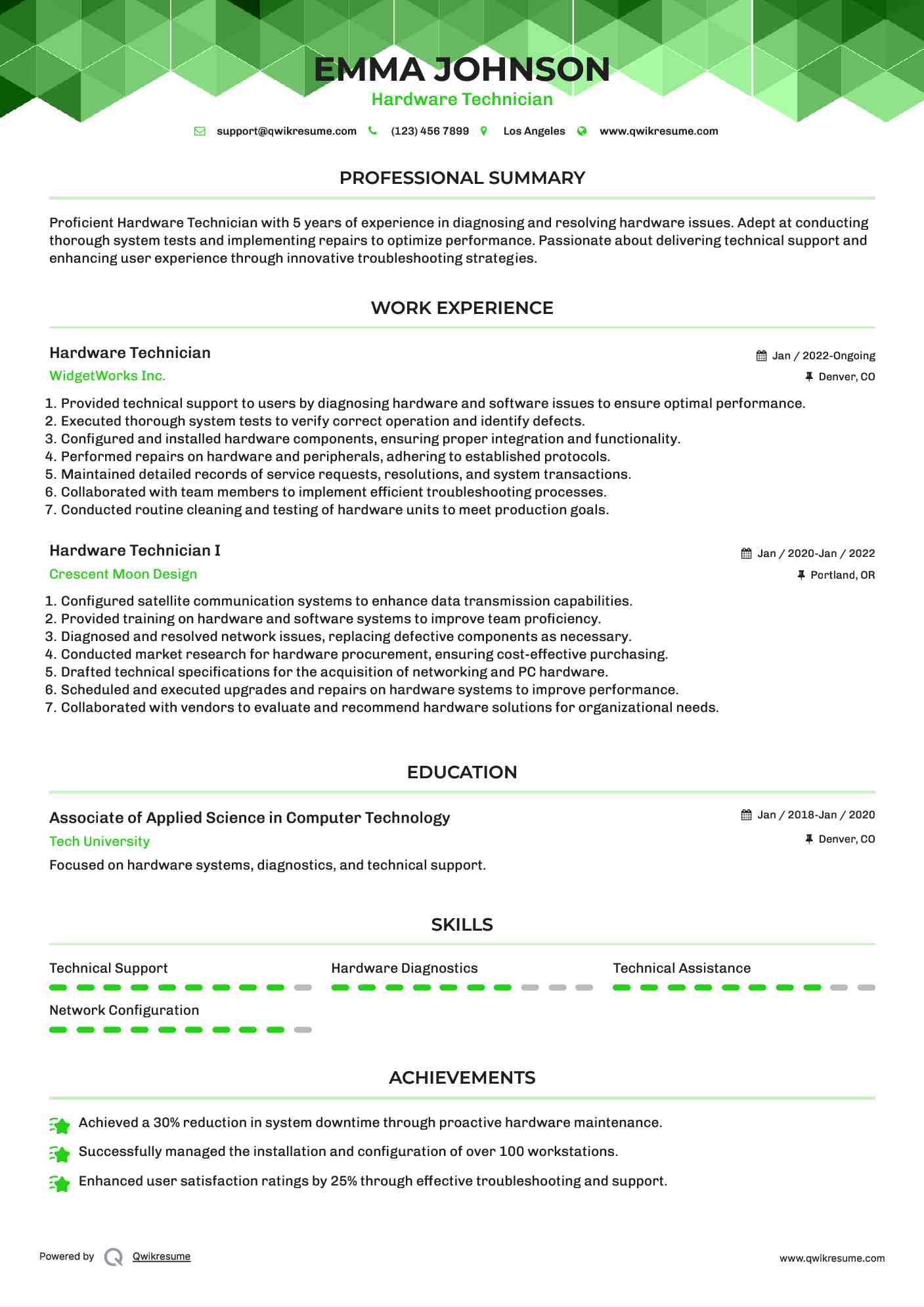 Hardware Technician Resume Samples QwikResume