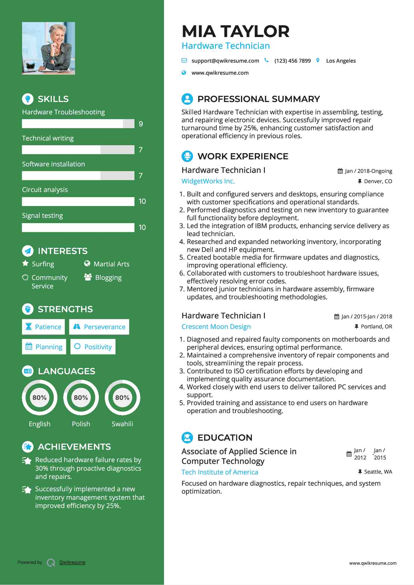 Hardware Technician I Resume Model