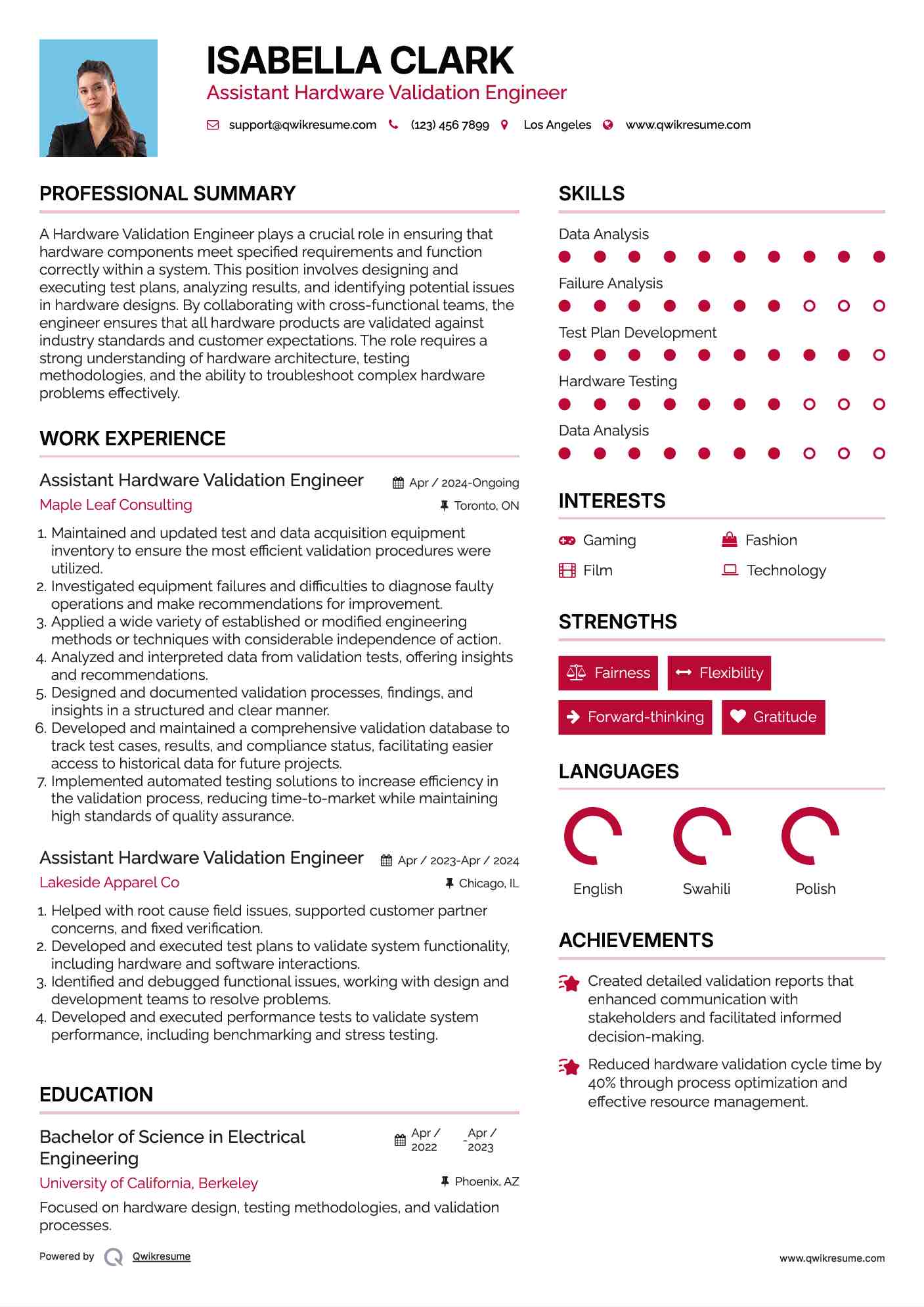 Assistant Hardware Validation Engineer Resume Sample