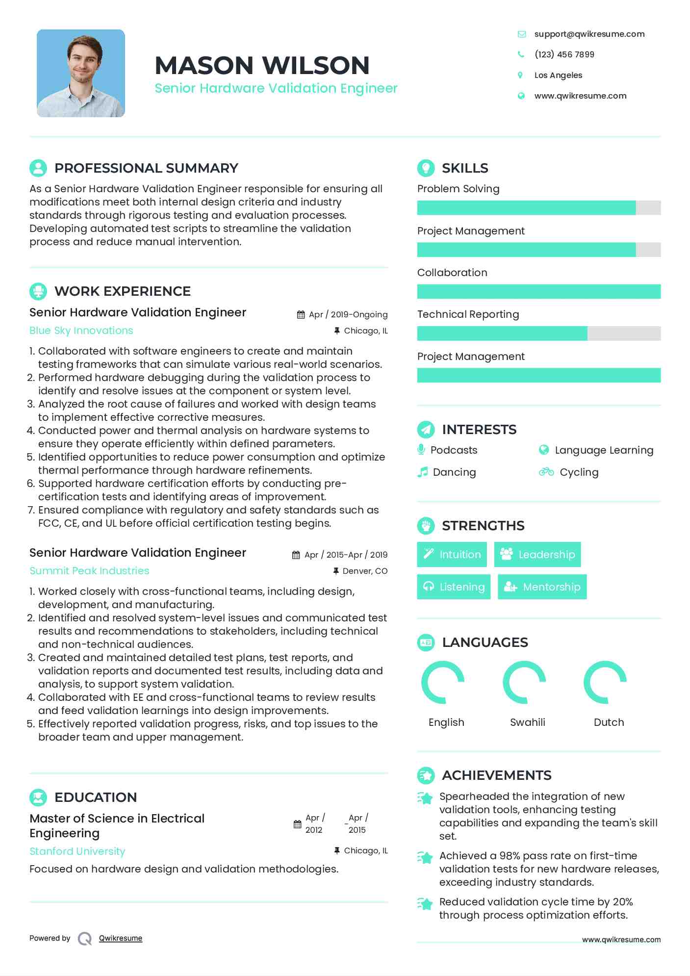 Senior Hardware Validation Engineer Resume Sample