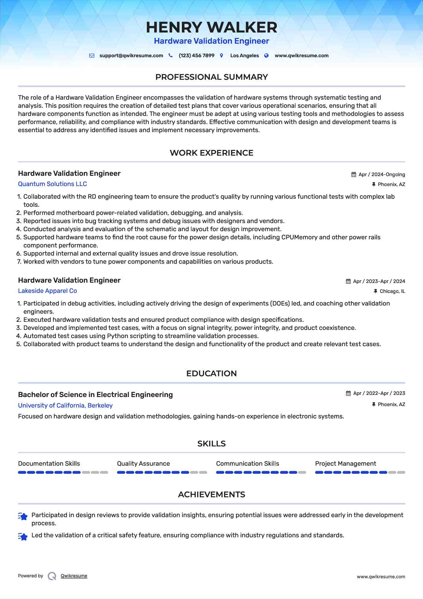 Hardware Validation Engineer Resume Sample