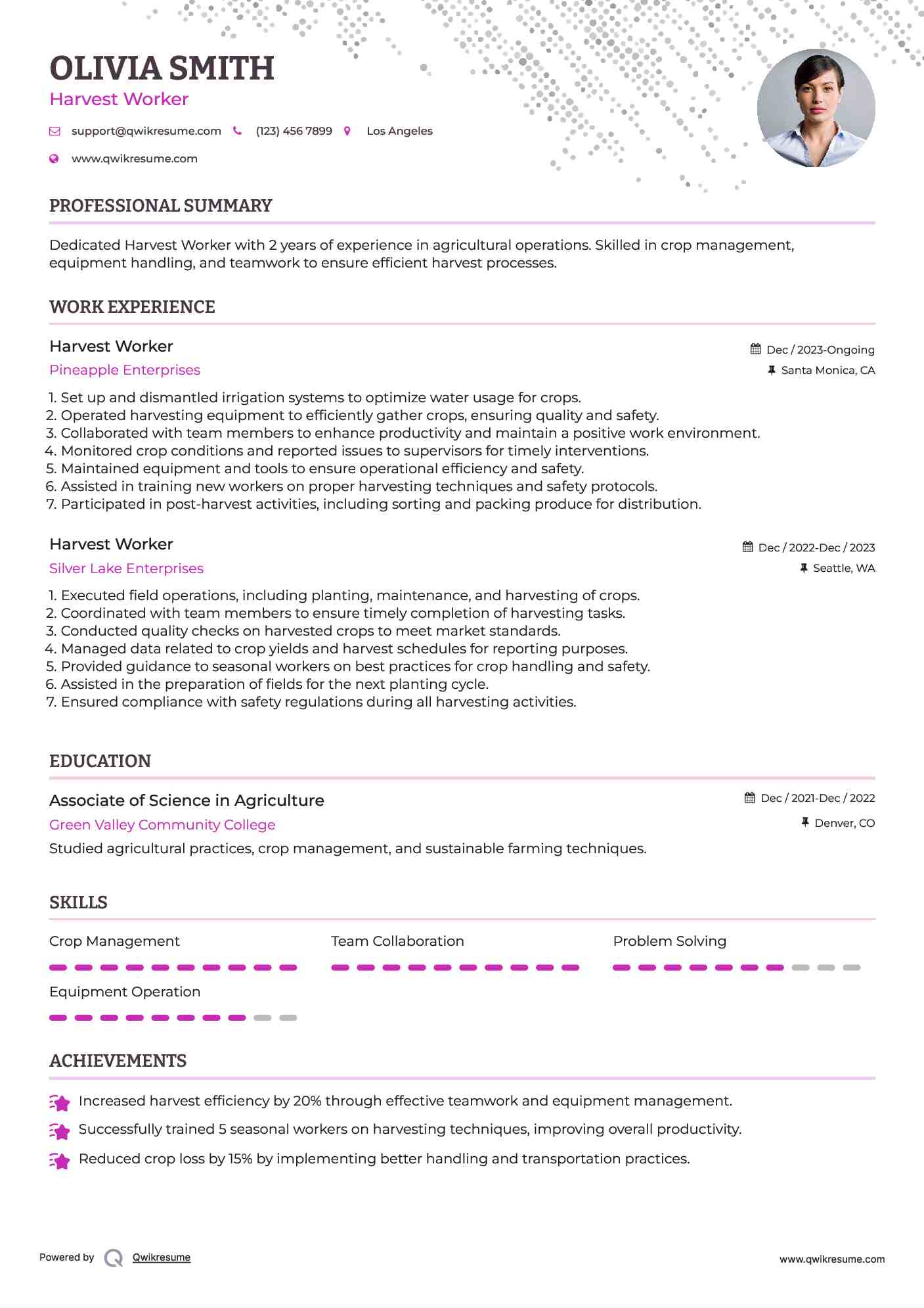 Harvest Worker Resume Format