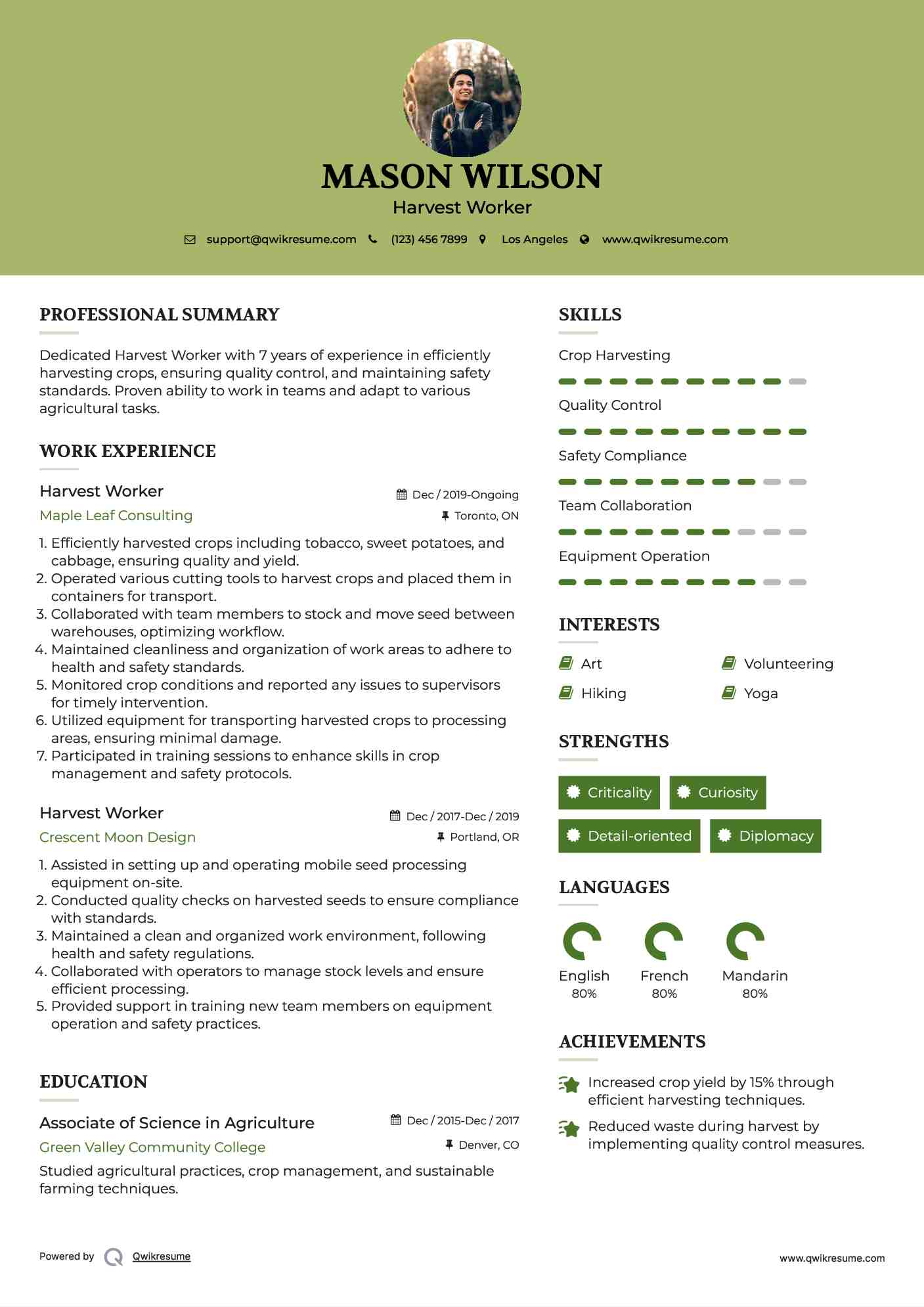 Harvest Worker Resume Format