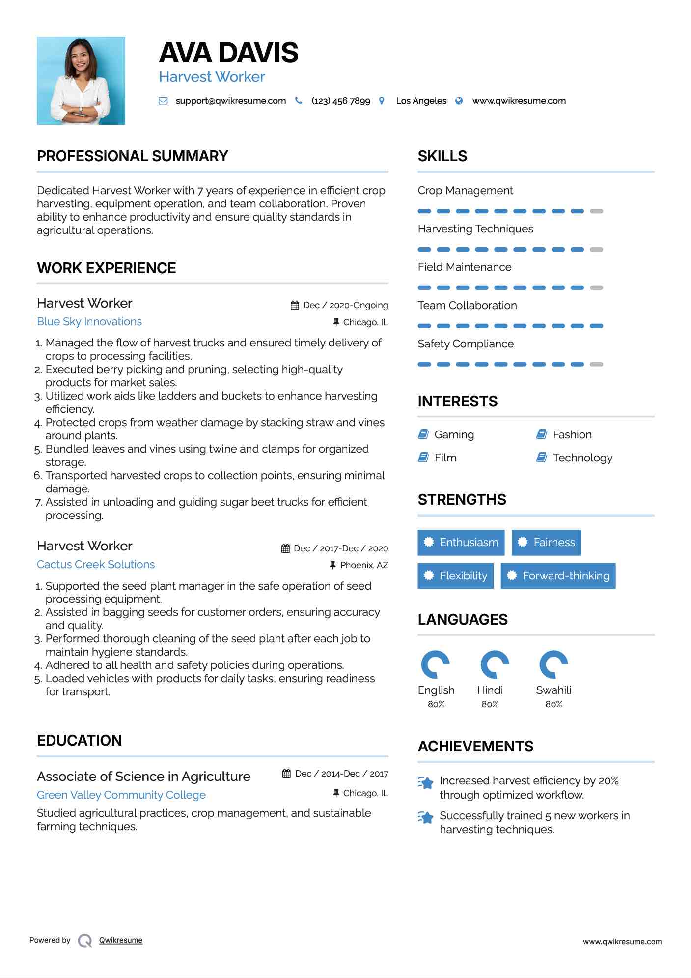 Harvest Worker Resume Model