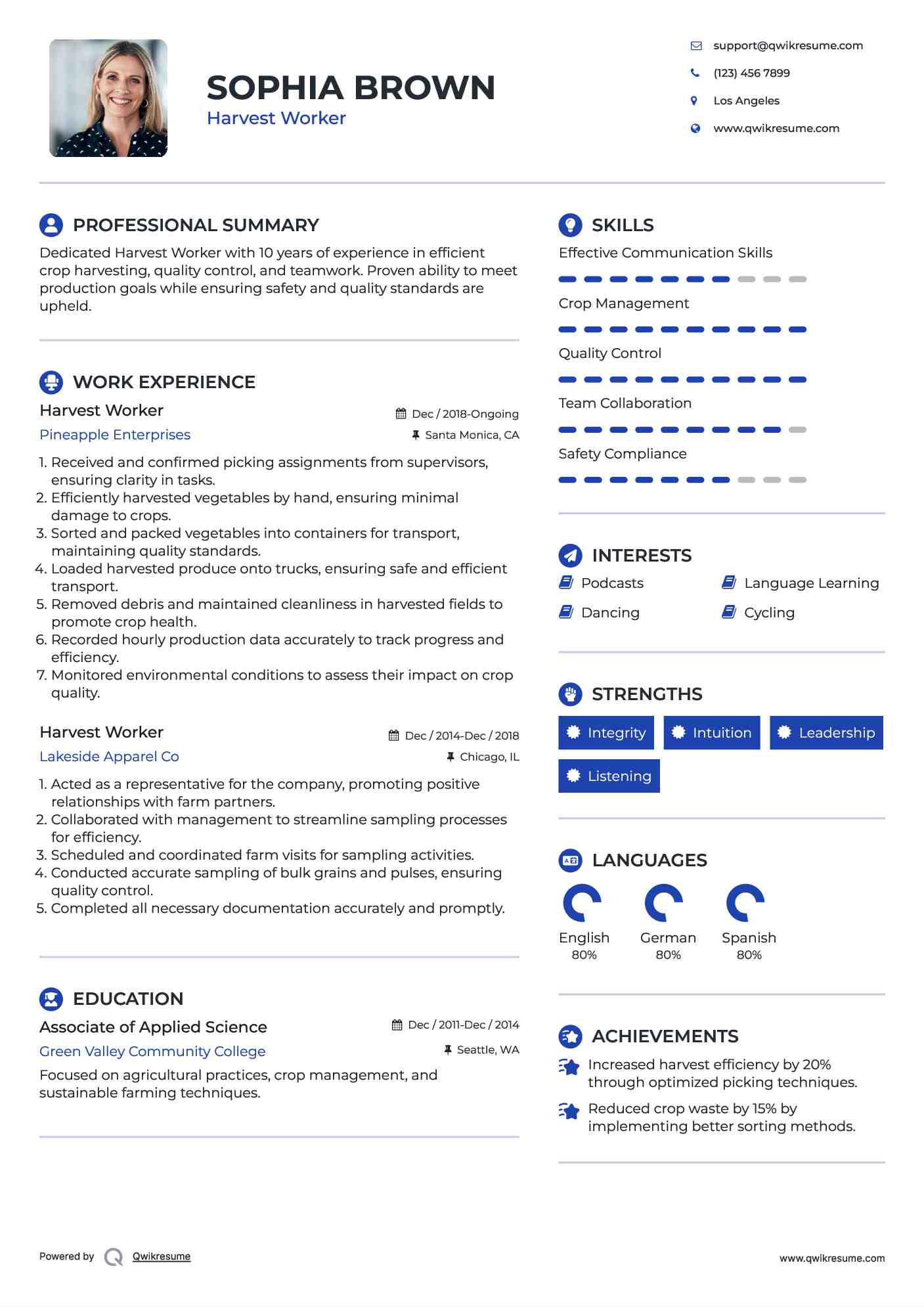Harvest Worker Resume Sample