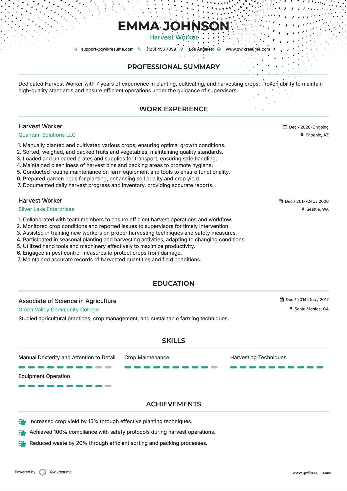 Harvest Worker Resume Model