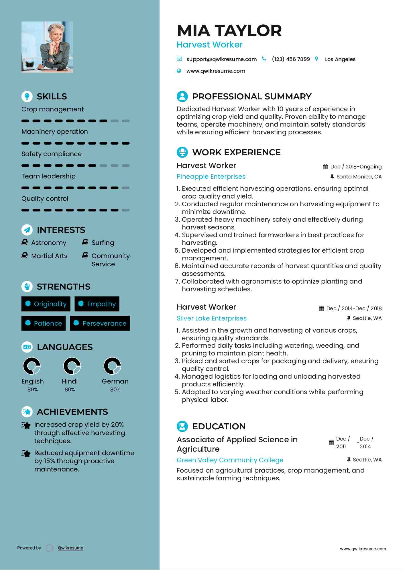 Harvest Worker Resume Sample