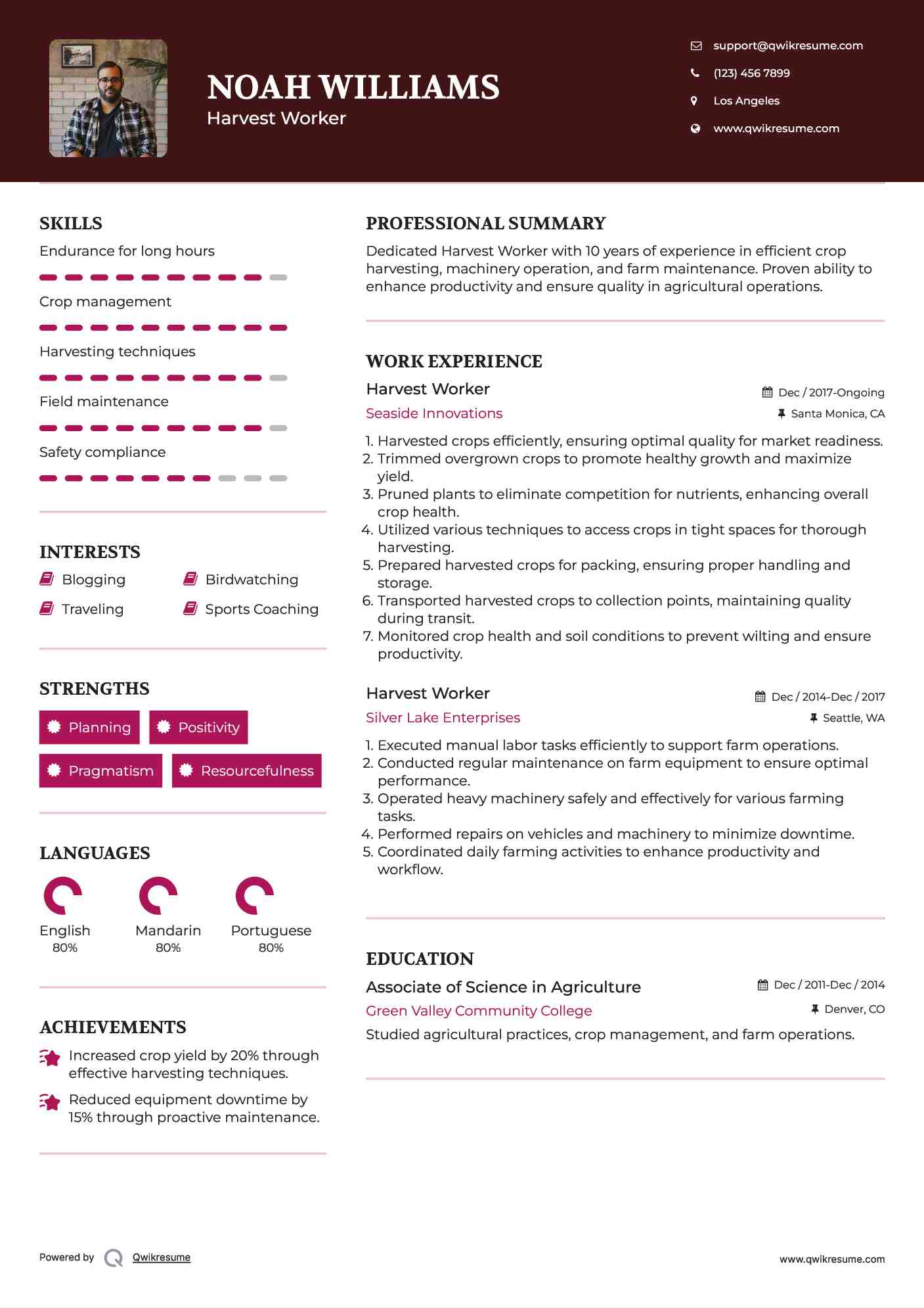 Harvest Worker Resume Model