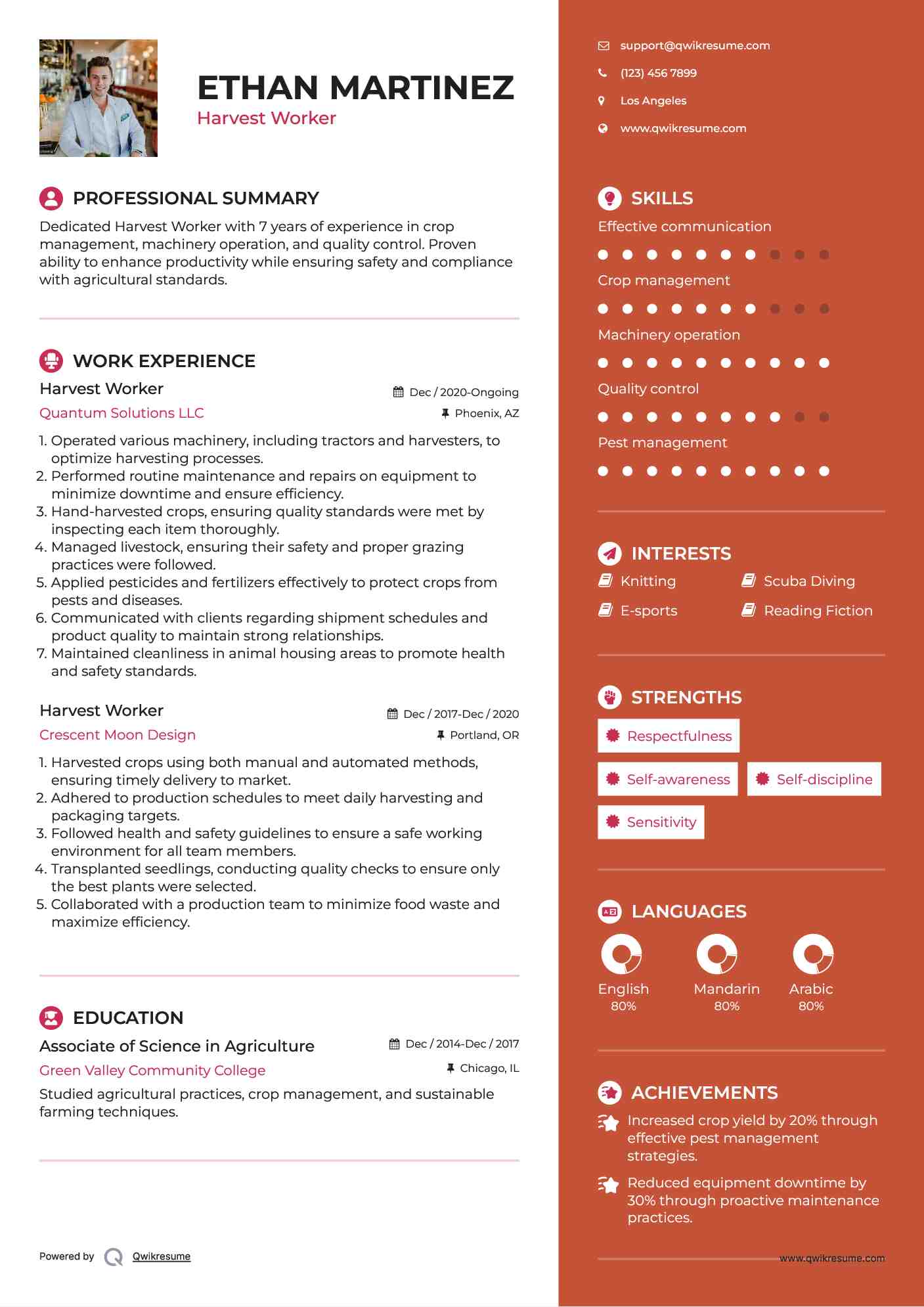 Harvest Worker Resume Model