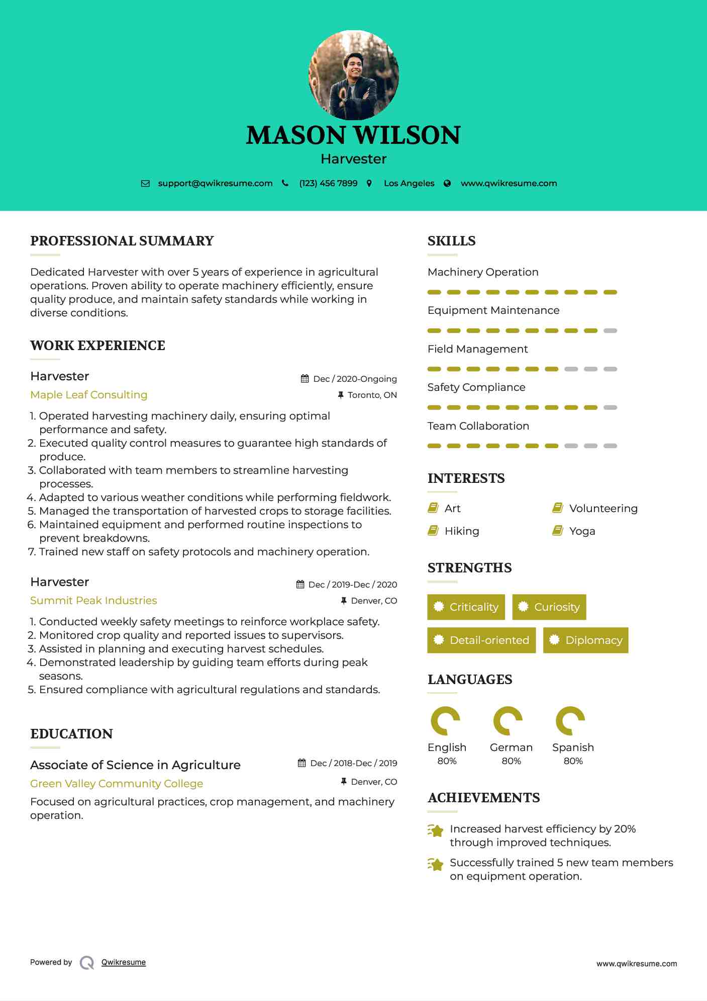Harvester Resume Format
