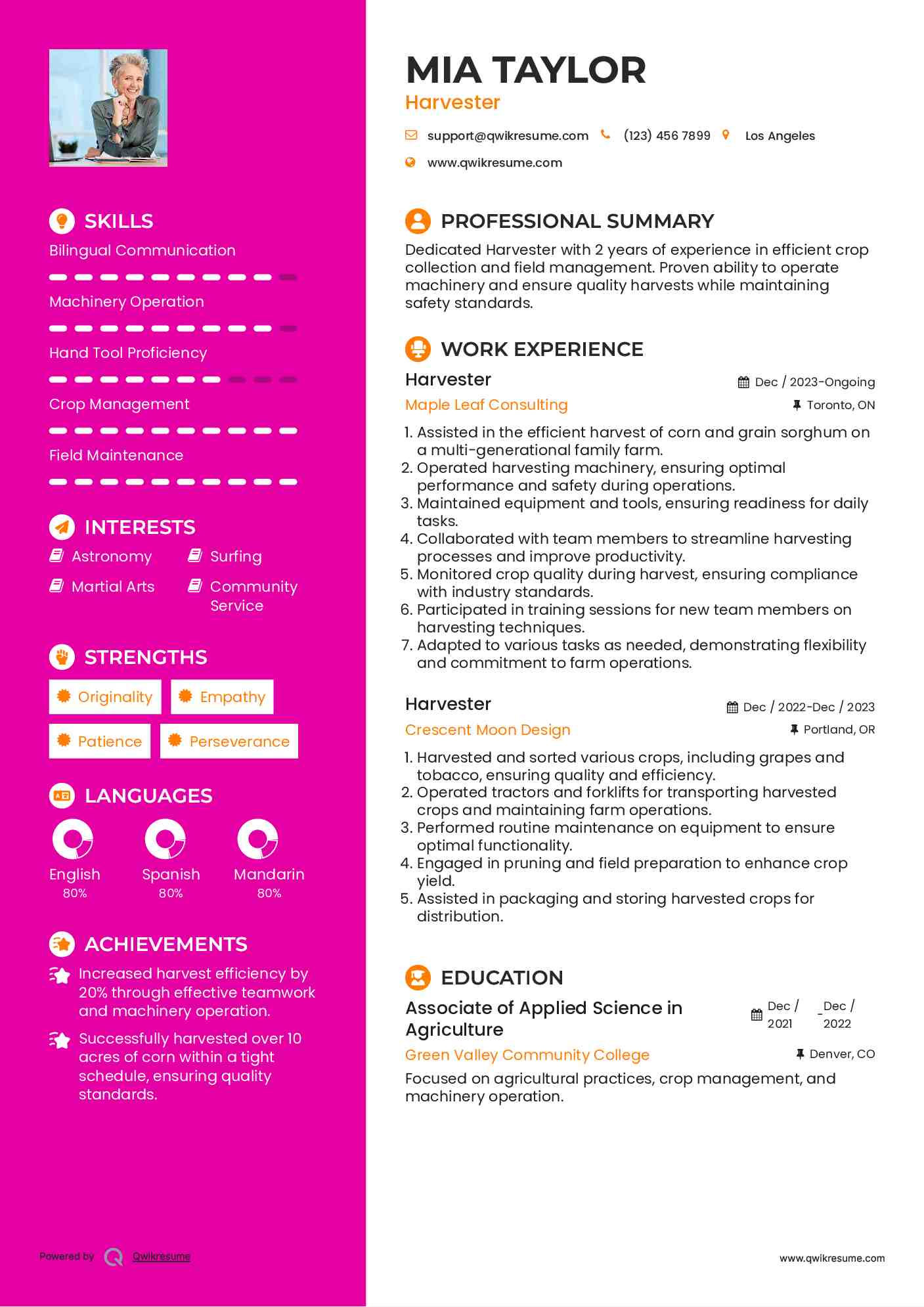 Harvester Resume Model