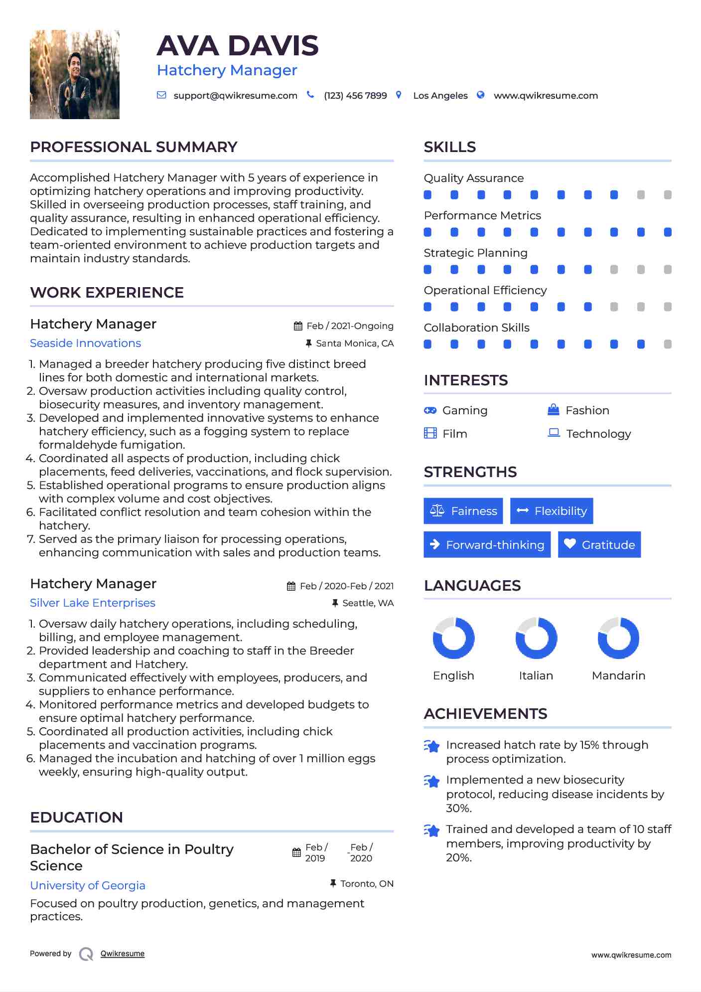 Hatchery Manager Resume Sample