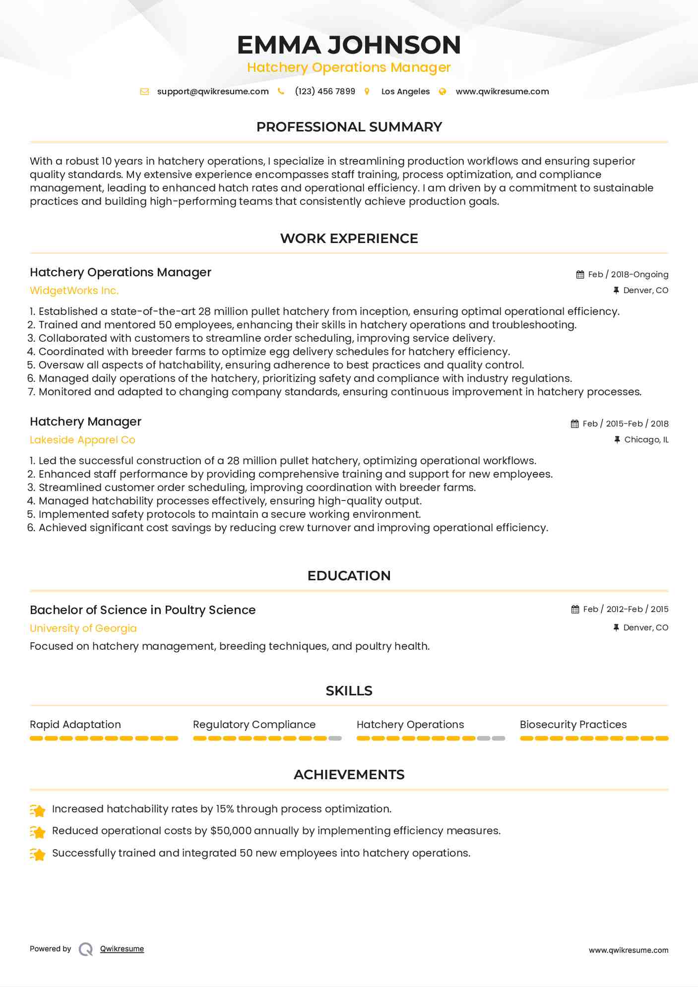 Hatchery Operations Manager Resume Format