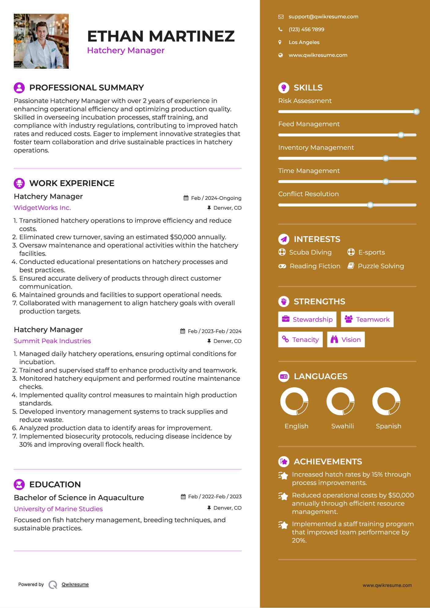 Hatchery Manager Resume Sample