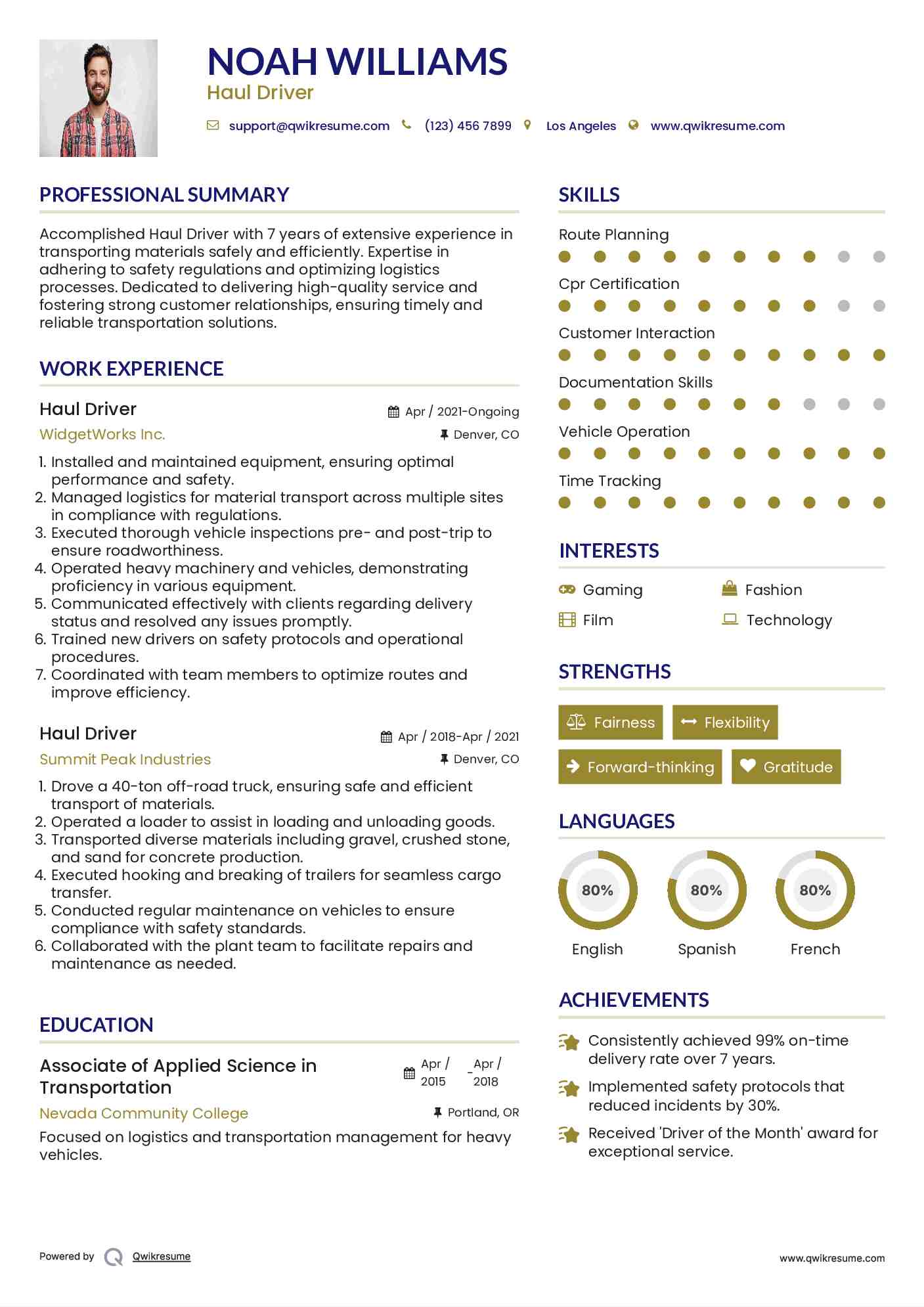 Haul Driver Resume Sample