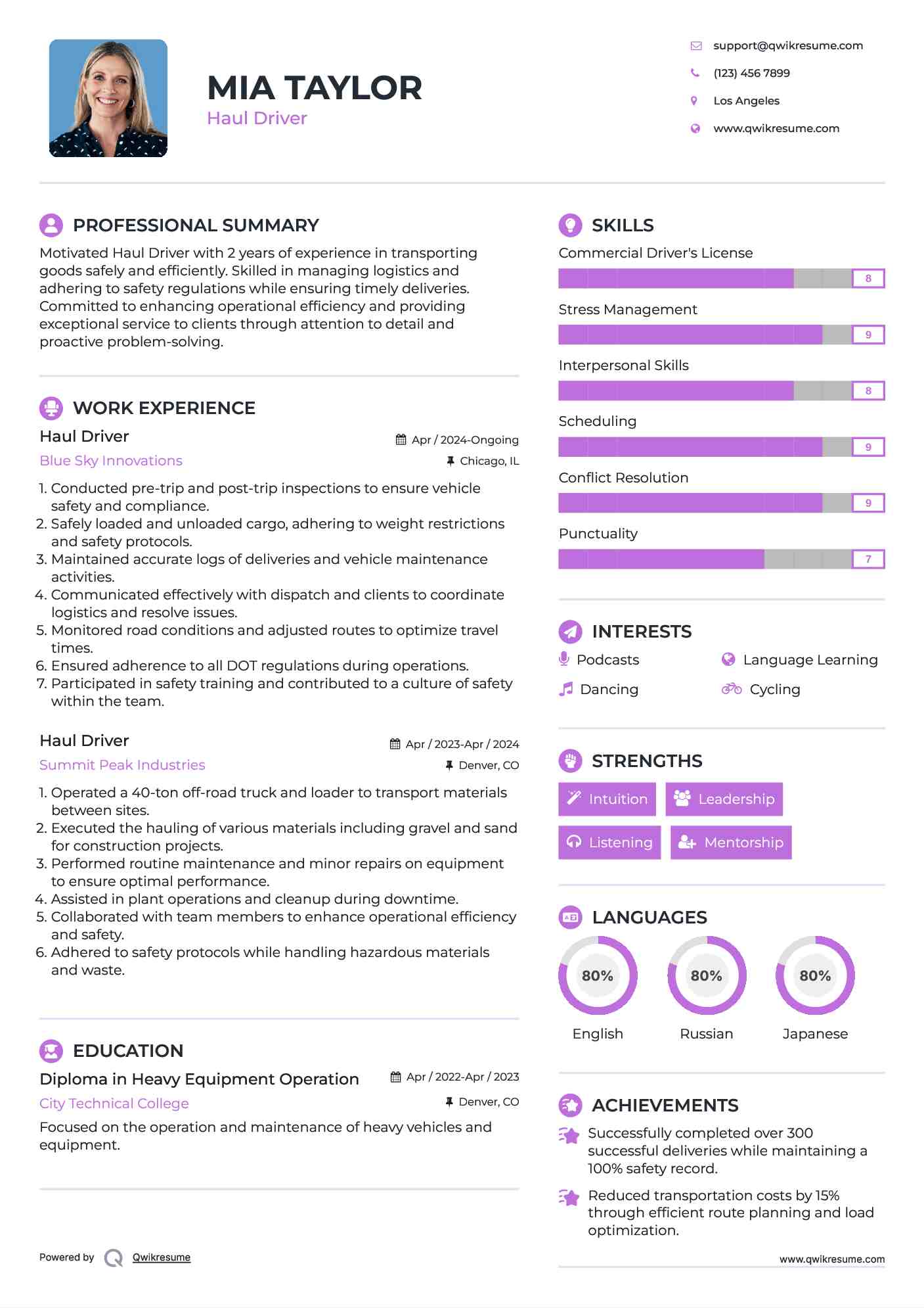 Haul Driver Resume Sample