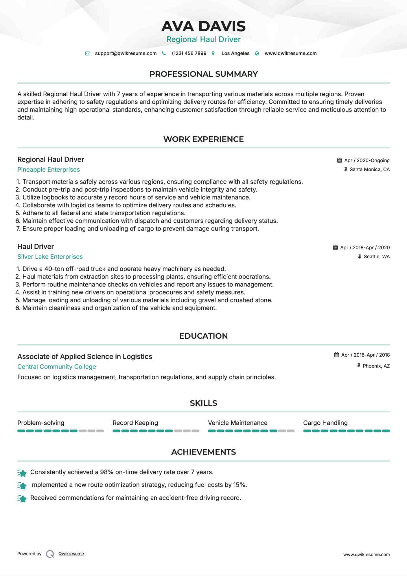 Regional Haul Driver Resume Sample