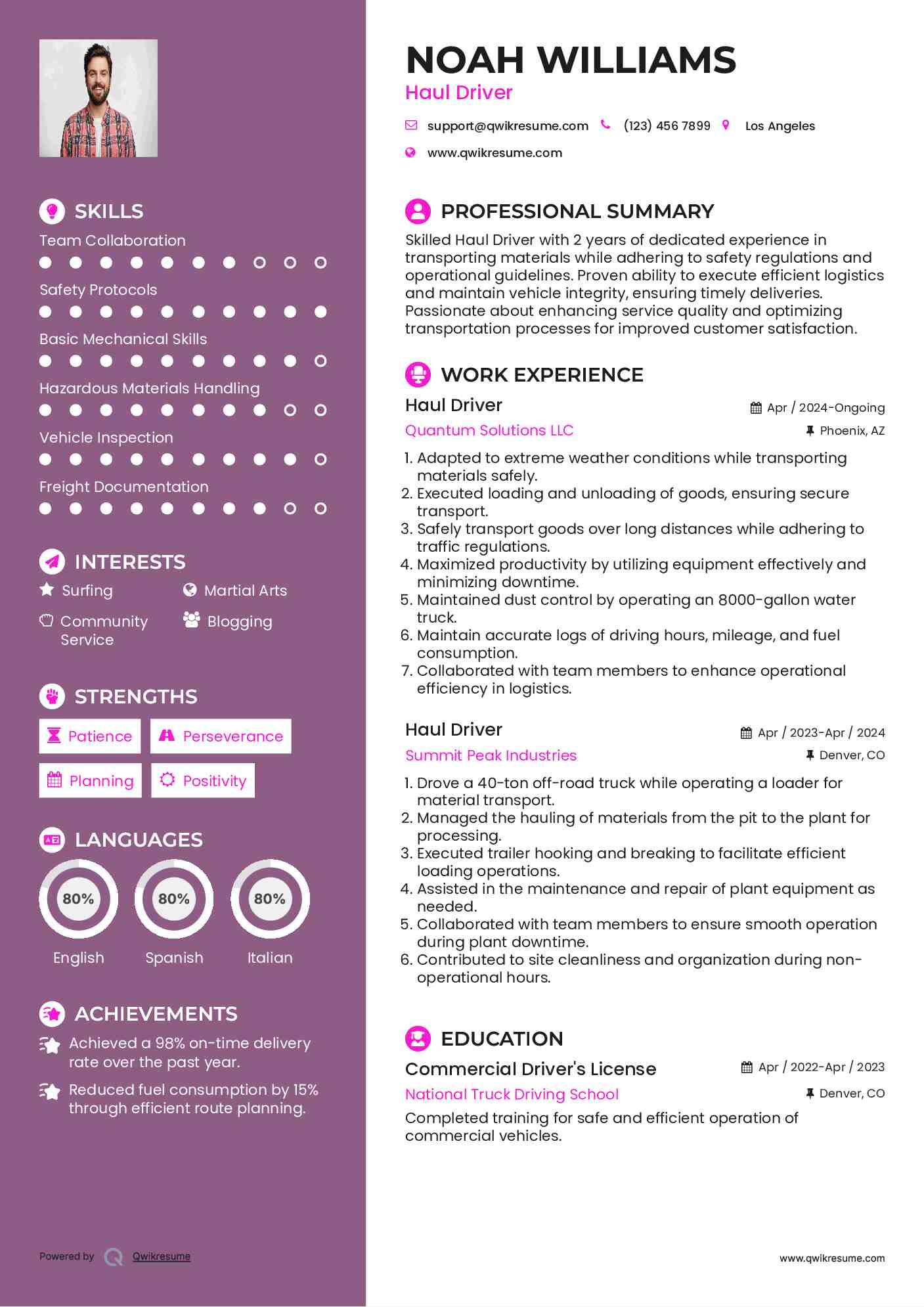 Haul Driver Resume Model