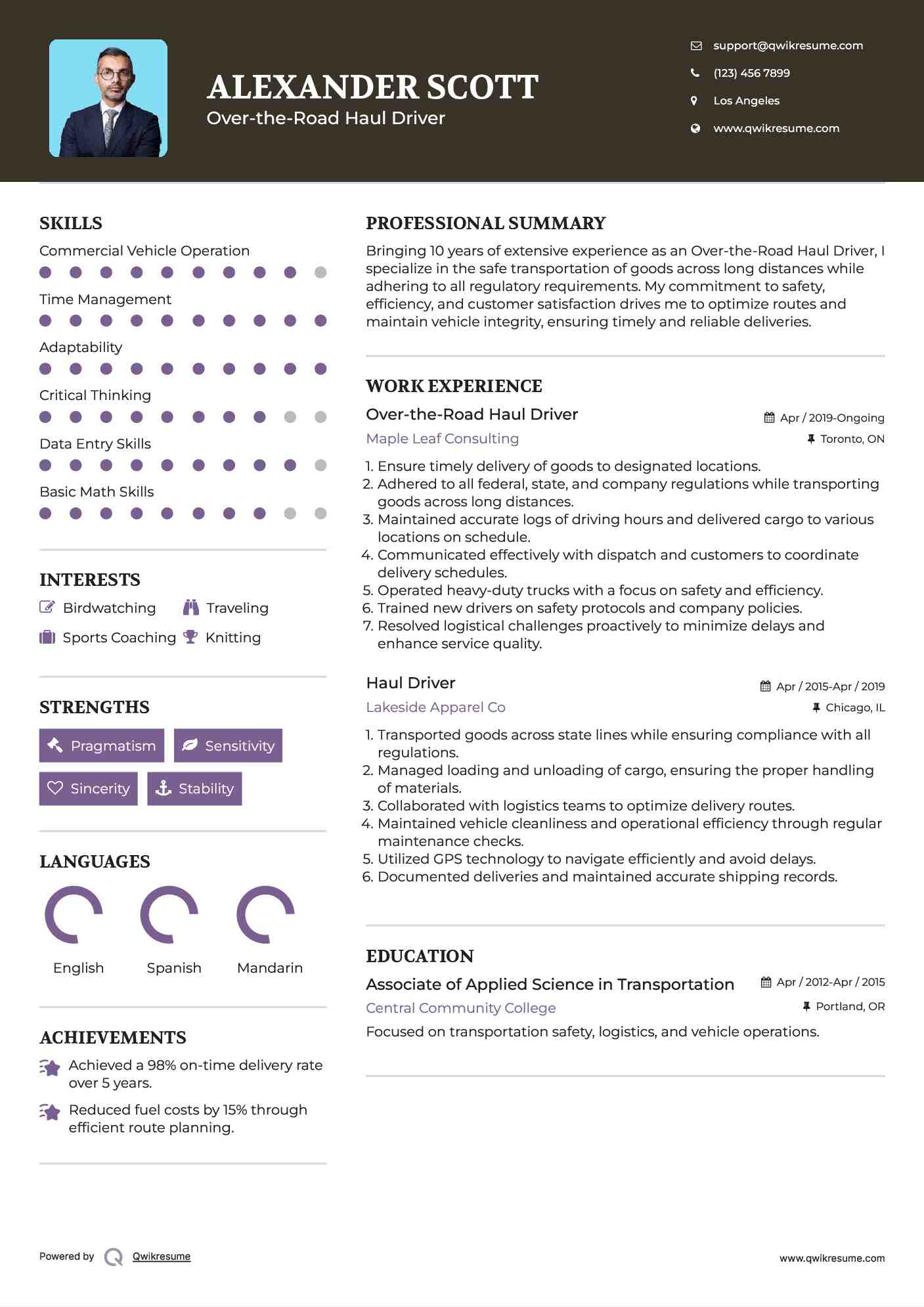 Over-the-Road Haul Driver Resume Example