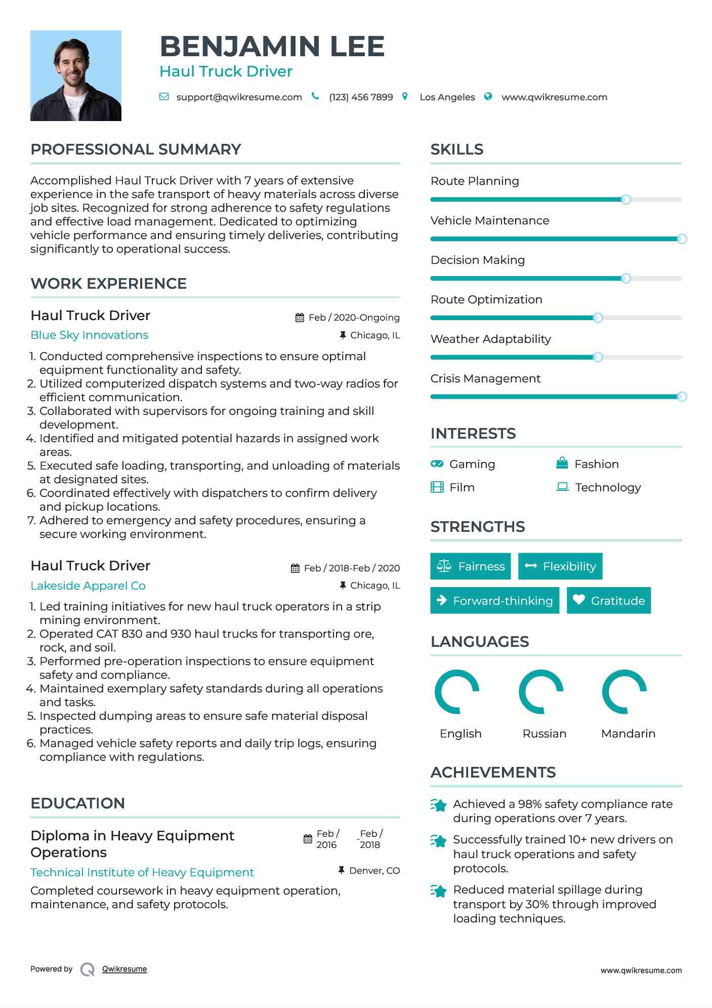 Haul Truck Driver Resume Format