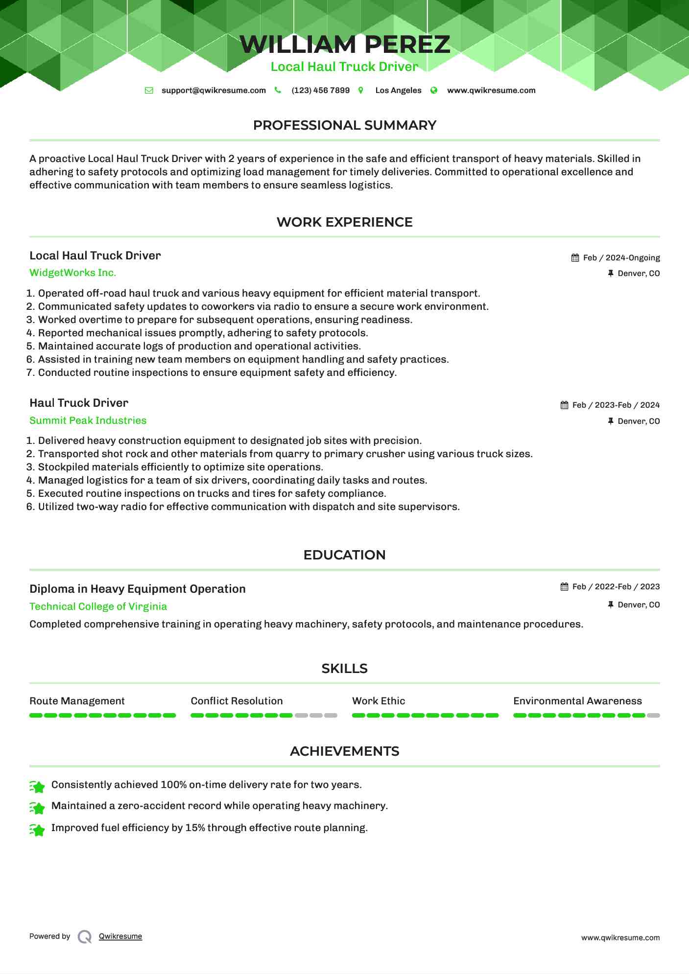 Local Haul Truck Driver Resume Example