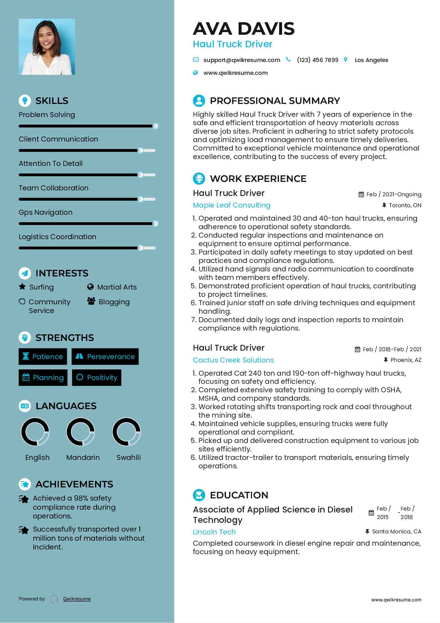 Haul Truck Driver Resume Model