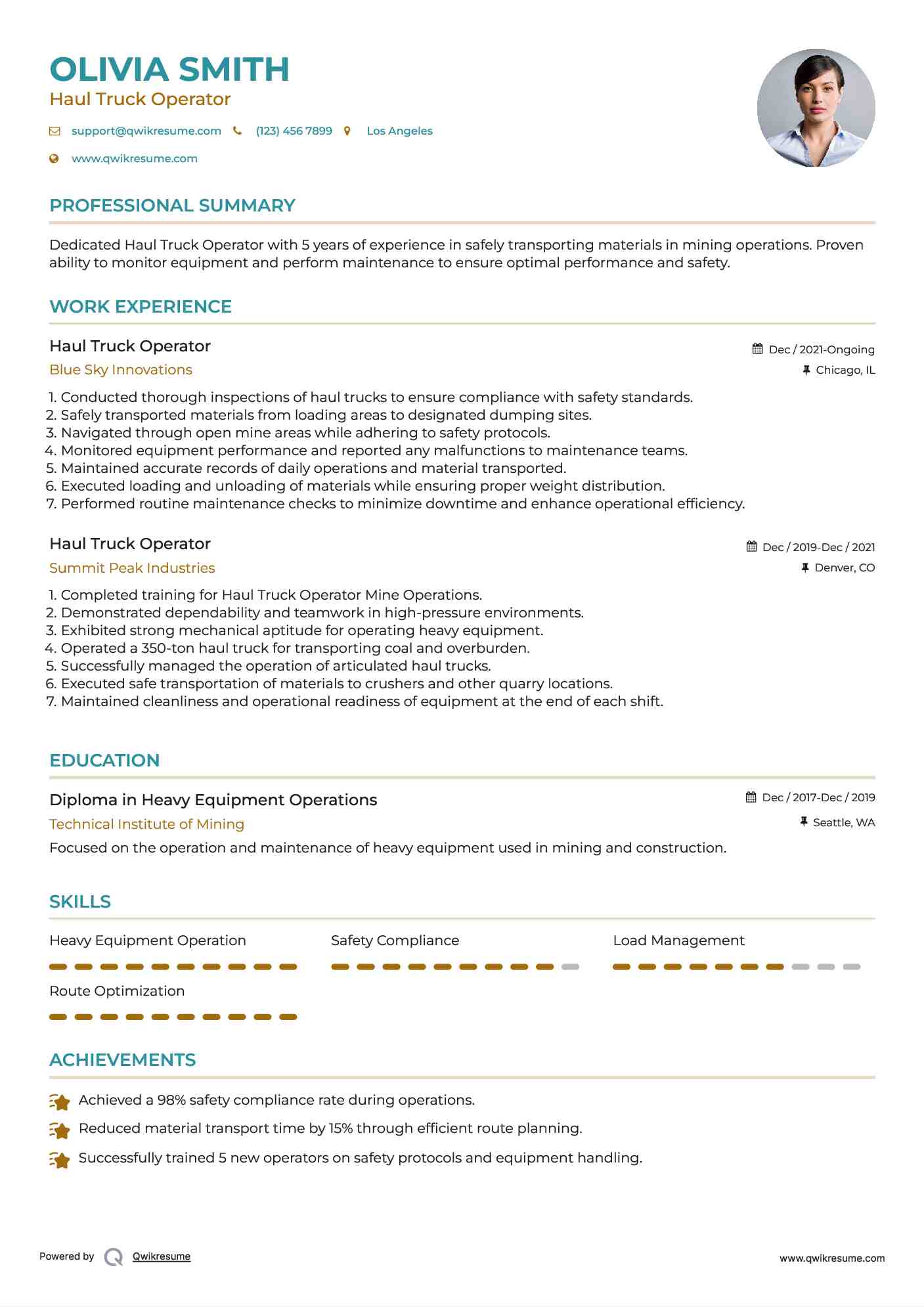 Haul Truck Operator Resume Model