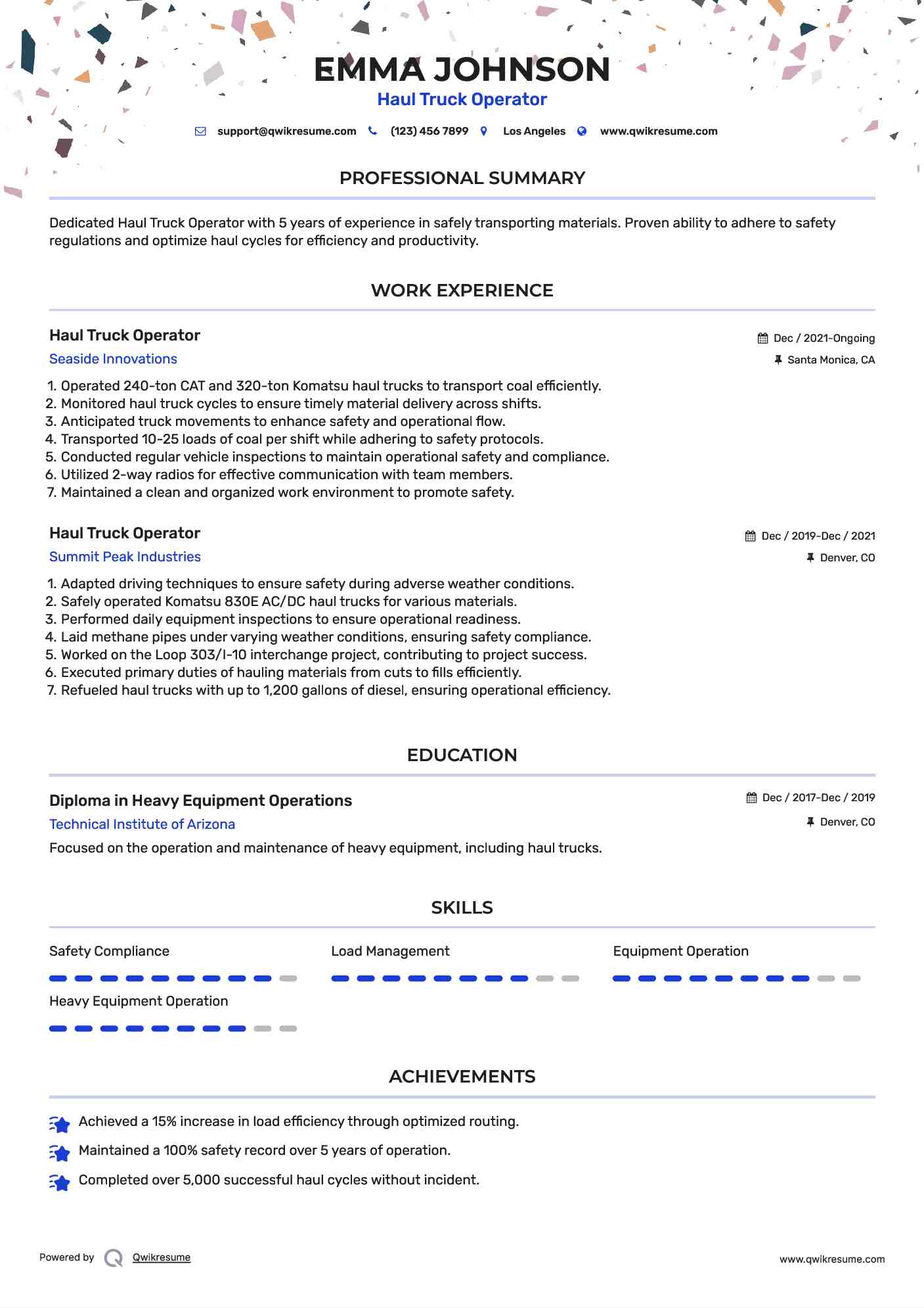 Haul Truck Operator Resume Sample