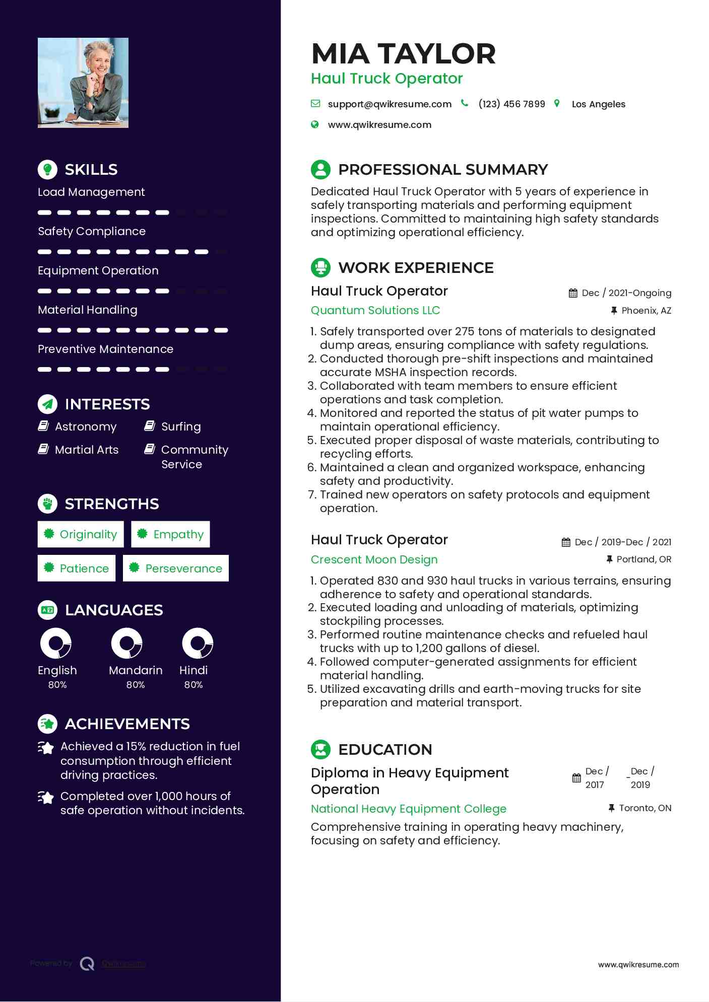 Haul Truck Operator Resume Template