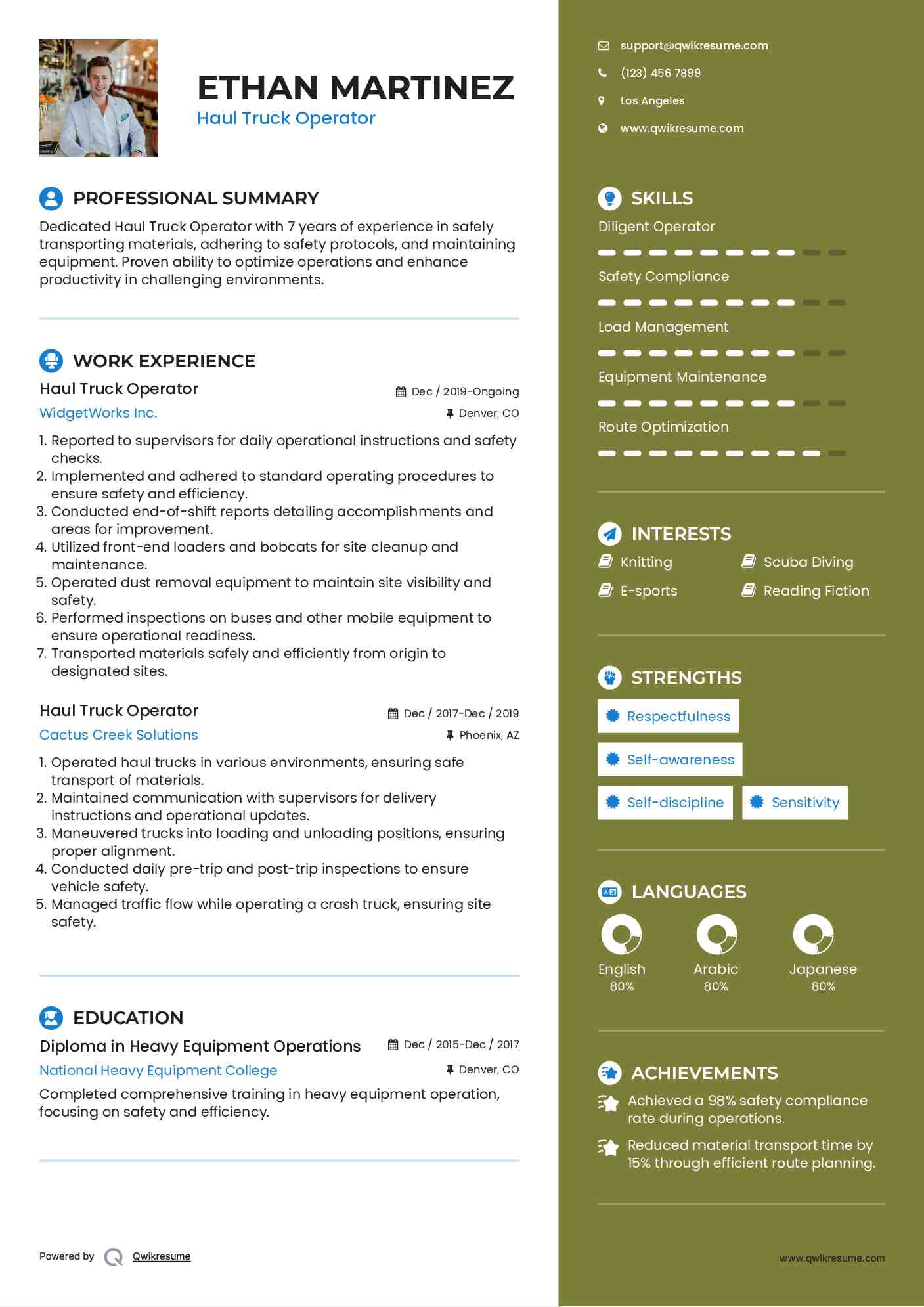 Haul Truck Operator Resume Sample