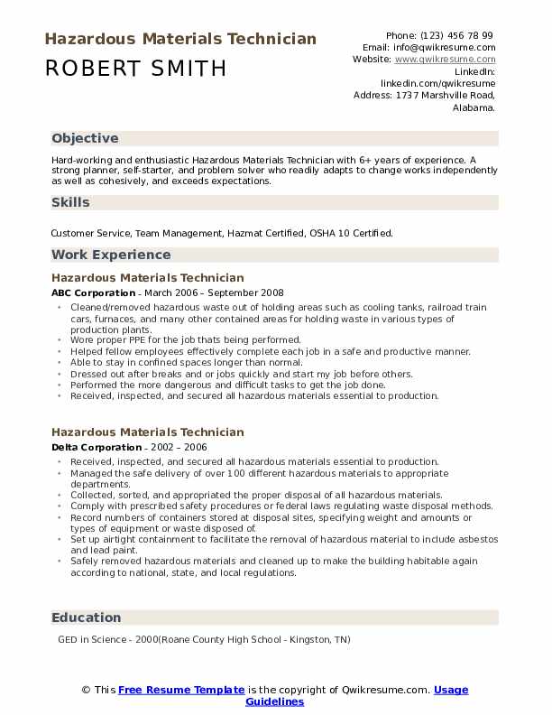 Hazardous Materials Technician Resume Samples QwikResume
