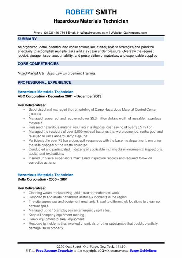 Hazardous Materials Technician Resume Samples QwikResume