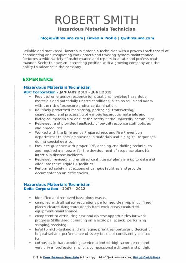 Hazardous Materials Technician Resume Samples QwikResume