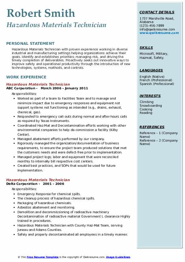 Hazardous Materials Technician Resume Samples QwikResume