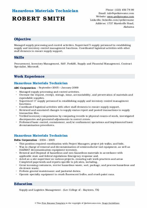 Hazardous Materials Technician Resume Samples QwikResume