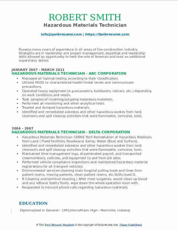 Hazardous Materials Technician Resume Samples QwikResume
