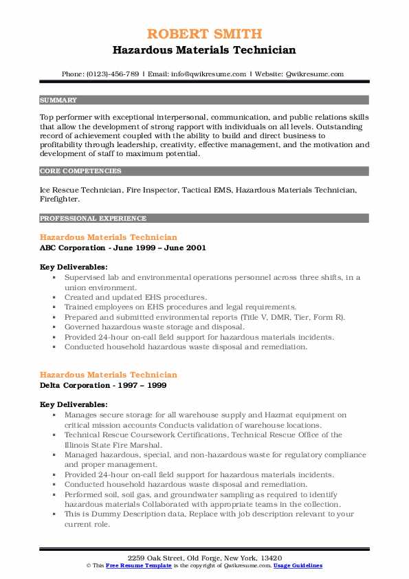 Hazardous Materials Technician Resume Samples QwikResume