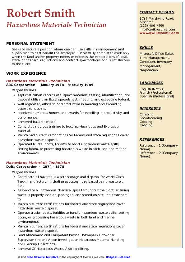 Hazardous Materials Technician Resume Samples QwikResume