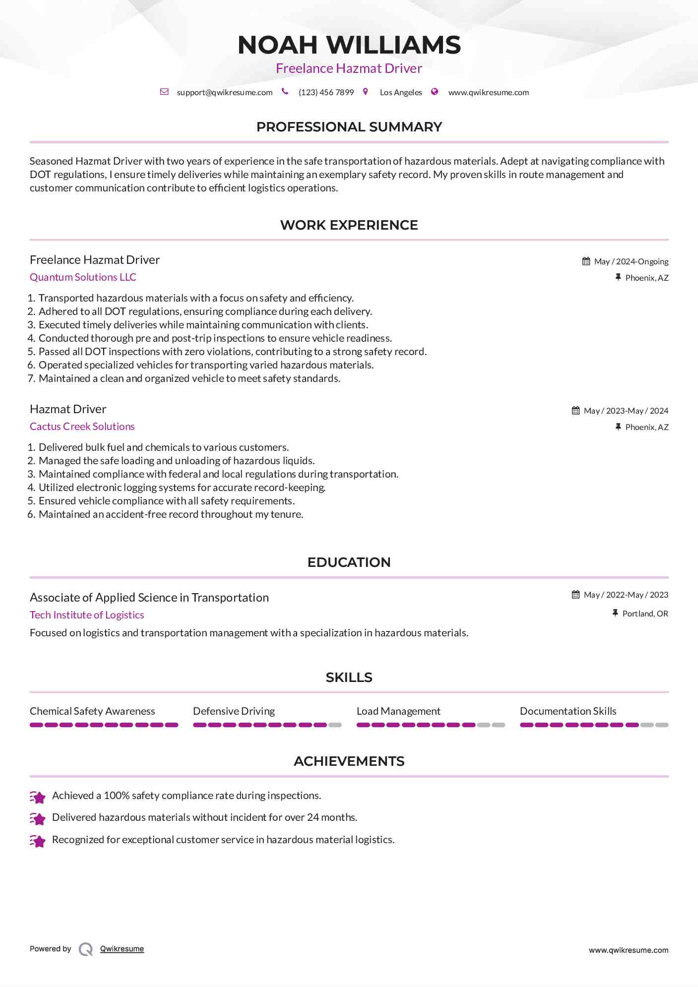 Freelance Hazmat Driver Resume Template