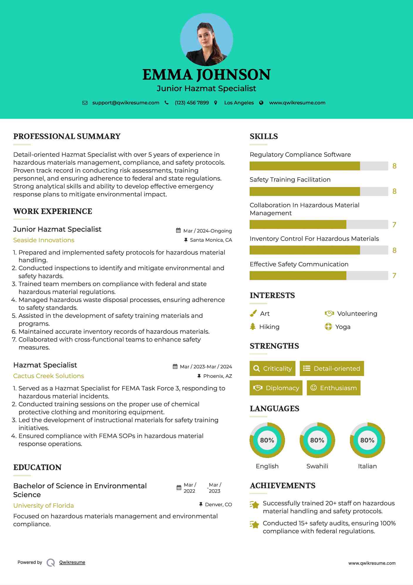 Junior Hazmat Specialist Resume Template
