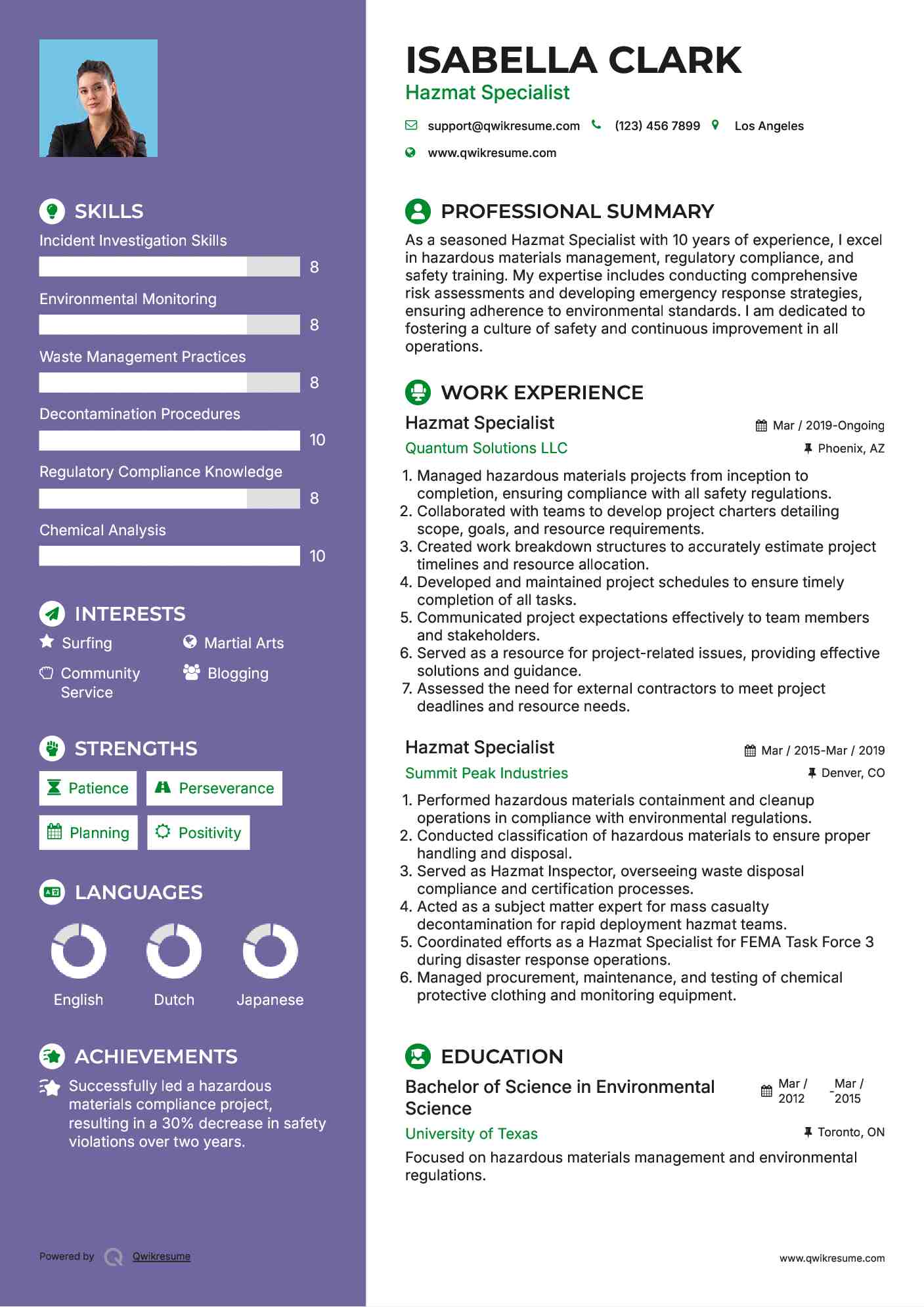 Hazmat Specialist Resume Example