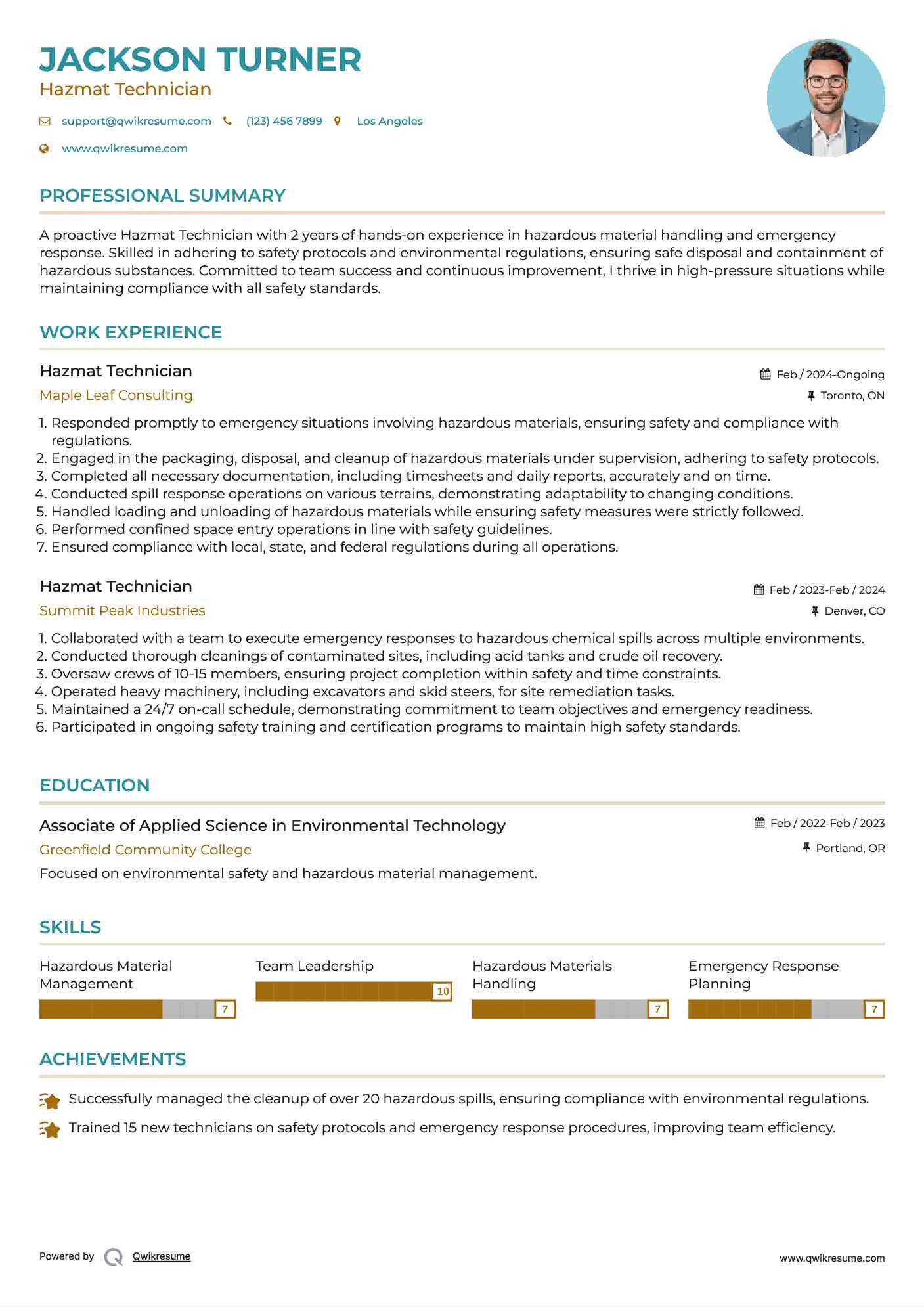Hazmat Technician Resume Example